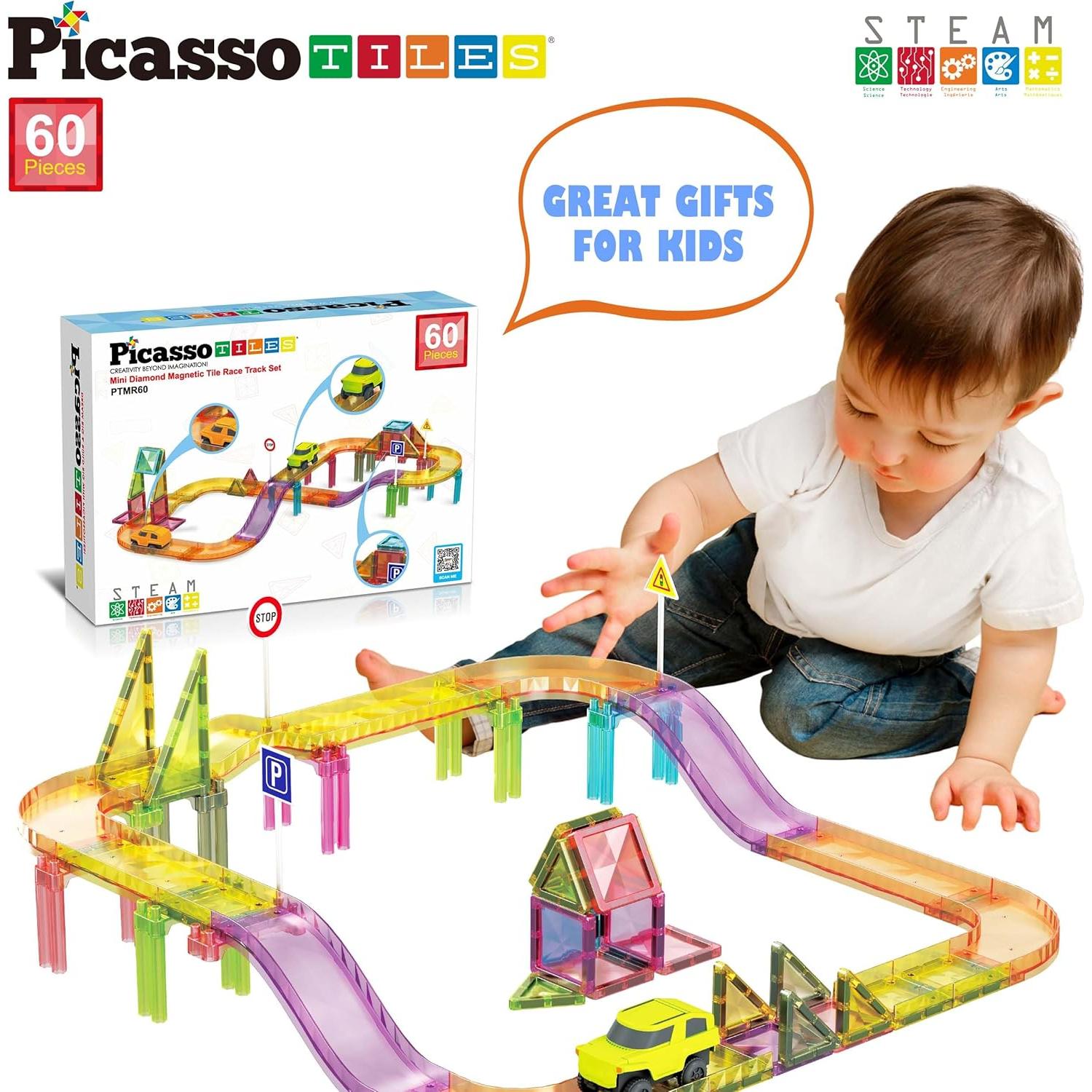 PicassoTiles 60 Piezas Pista de Coche de Carreras Magnética