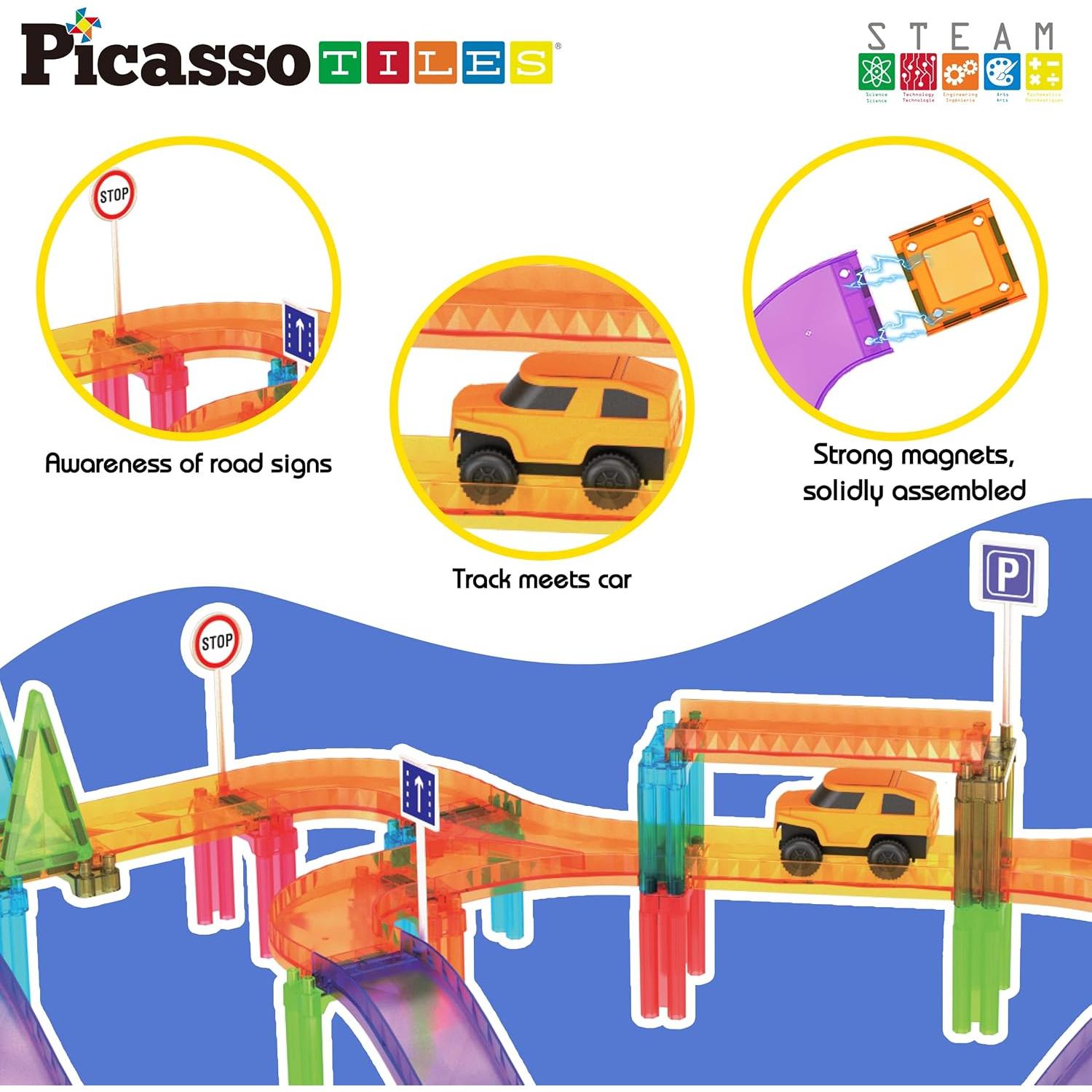 PicassoTiles 60 Piezas Pista de Coche de Carreras Magnética