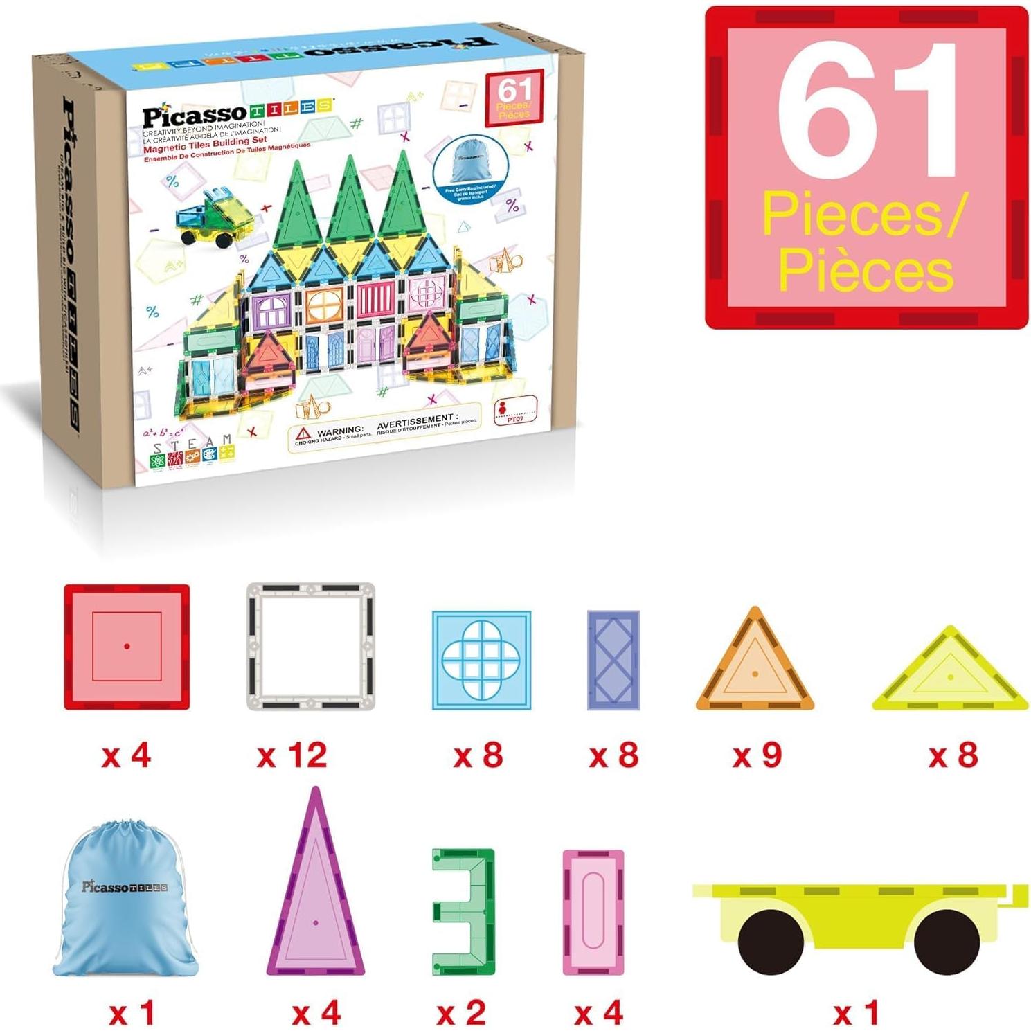 PicassoTiles Juego de Bloques Magnéticos 61 Piezas STEM 3+