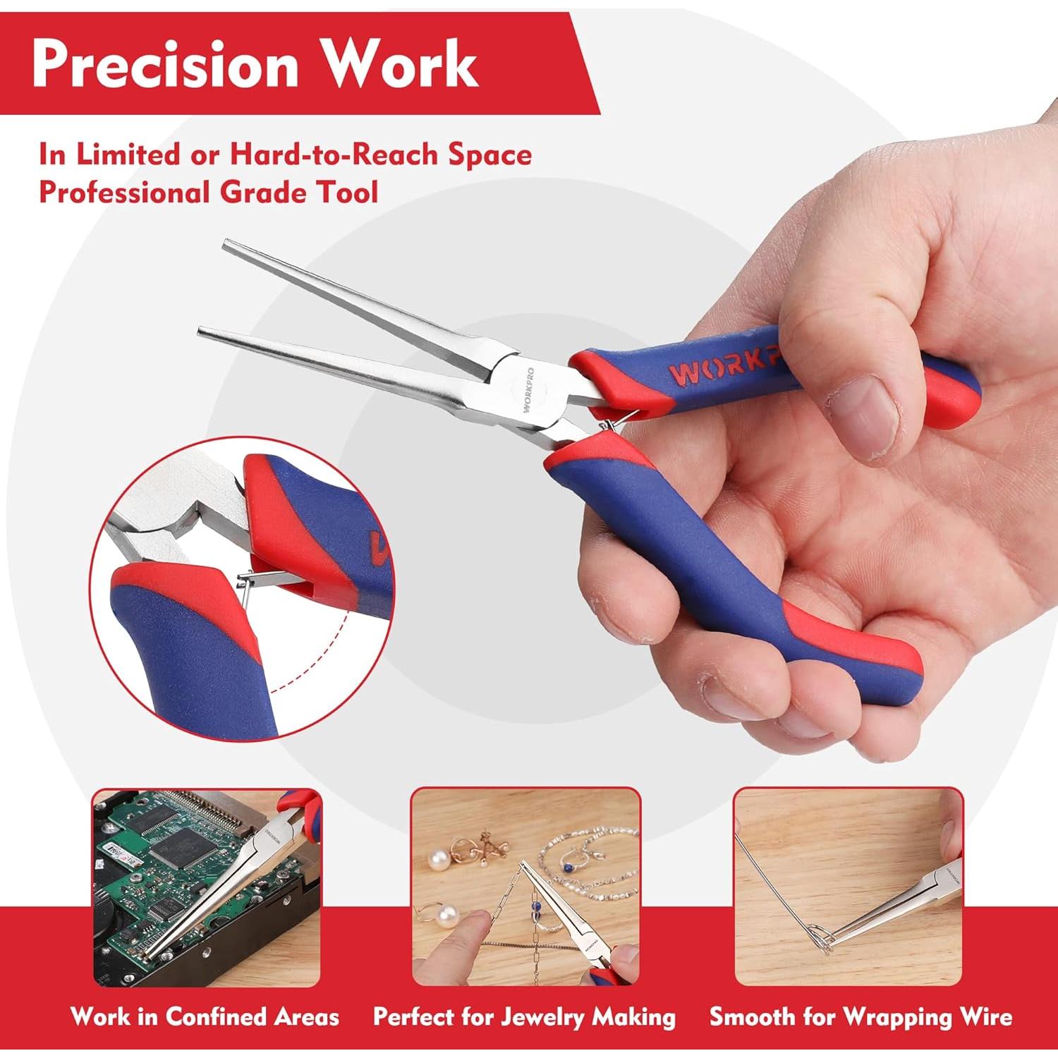 Alicates de Punta Larga WORKPRO 15.24 cm Ergonómicos para Joyería
