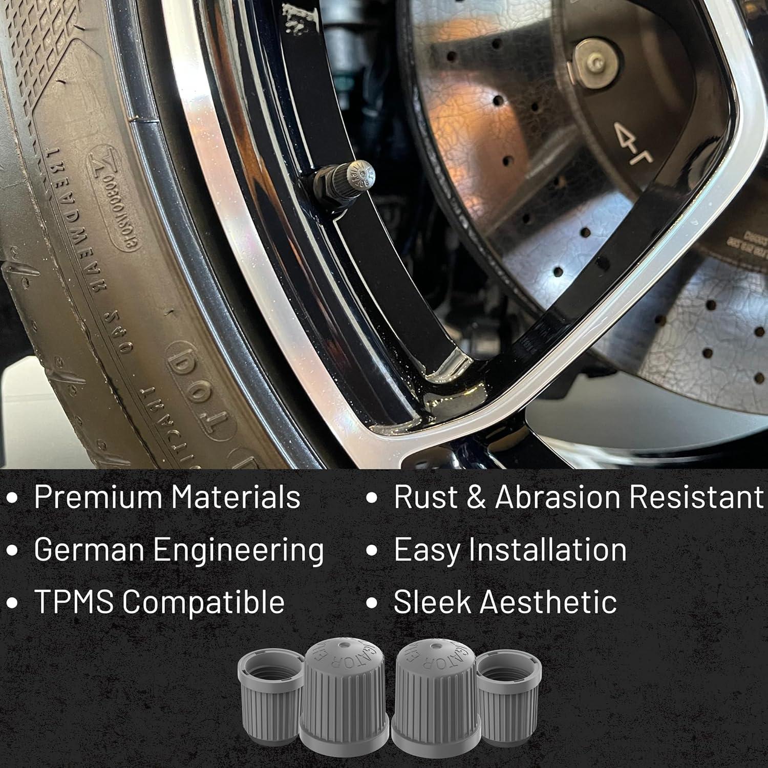 TPMS Tire Valve Caps (4-Pack) Alligator EHA Secure Air Pressure Gray Valve Stem Caps Compatible with Audi, BMW, Mercedes, Porsche, Tesla, VW & More (Made in Germany)