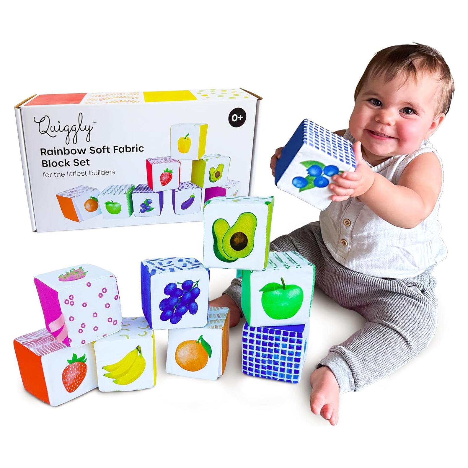 Bloques Suaves de Bebé Quiggly Rainbow - 8 Bloques Sensoriales 100% Algodón