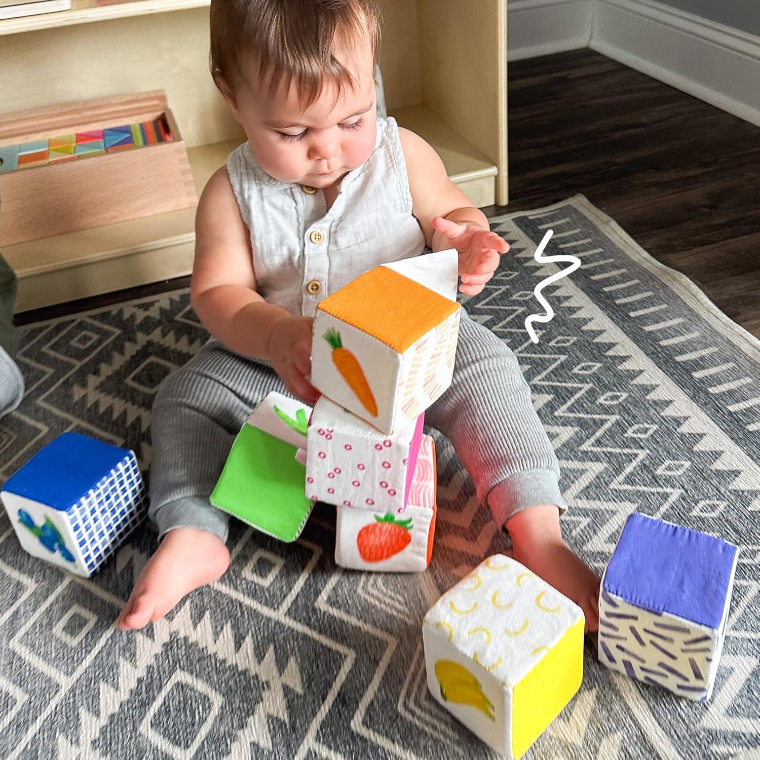 Bloques Suaves de Bebé Quiggly Rainbow - 8 Bloques Sensoriales 100% Algodón