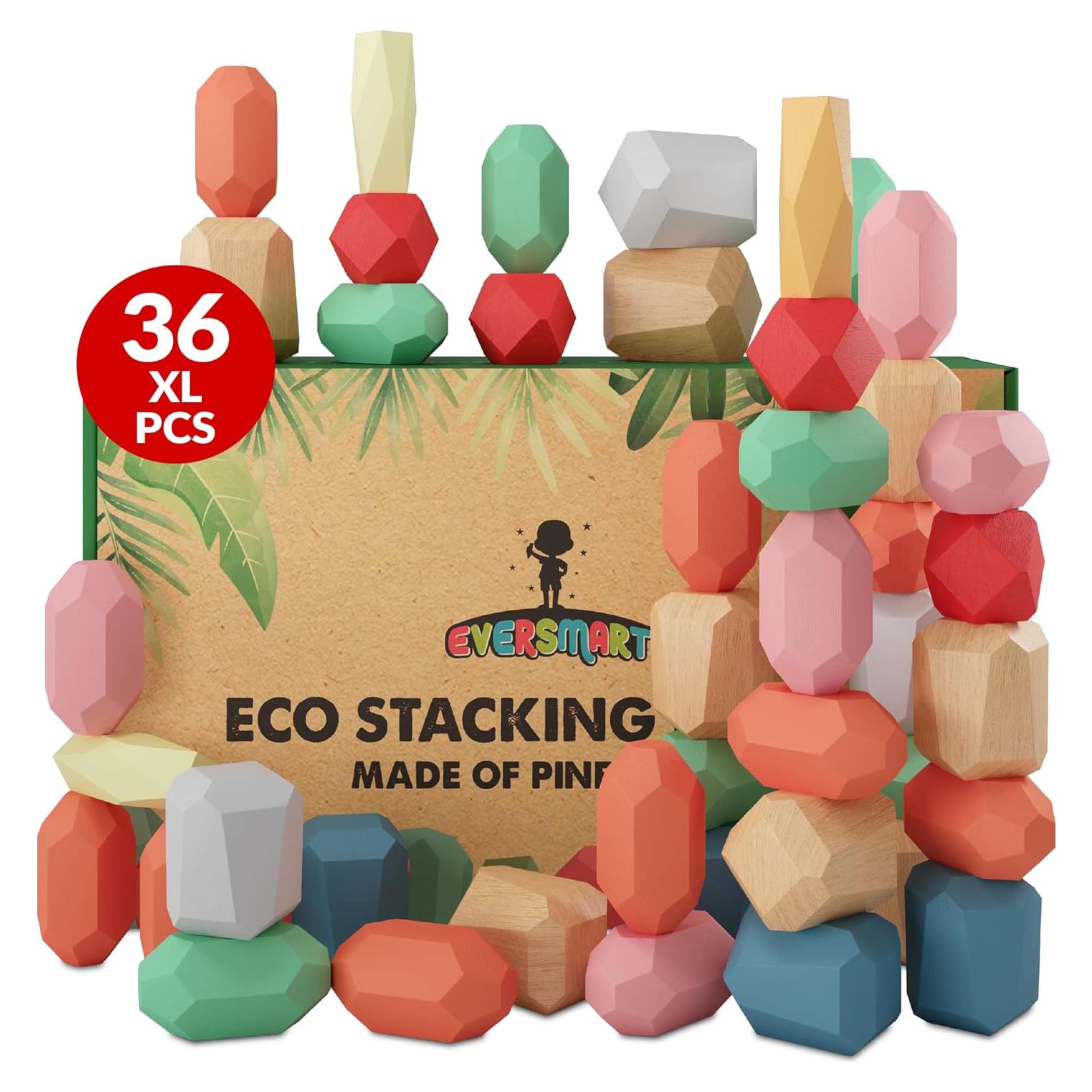 36 Rocas XL de Apilamiento de Madera EVERSMART - Juguetes Montessori