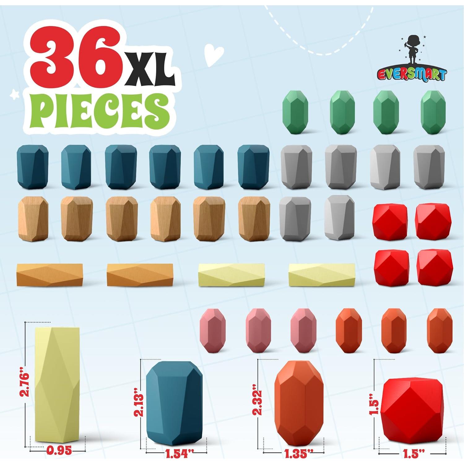 36 Rocas XL de Apilamiento de Madera EVERSMART - Juguetes Montessori