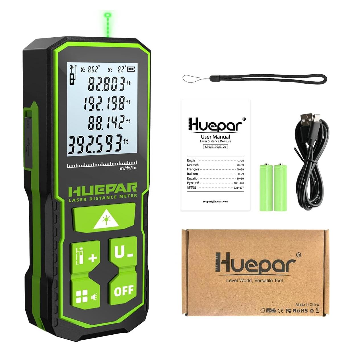 Medidor de Distancia Láser Huepar 393FT con Pantalla LCD