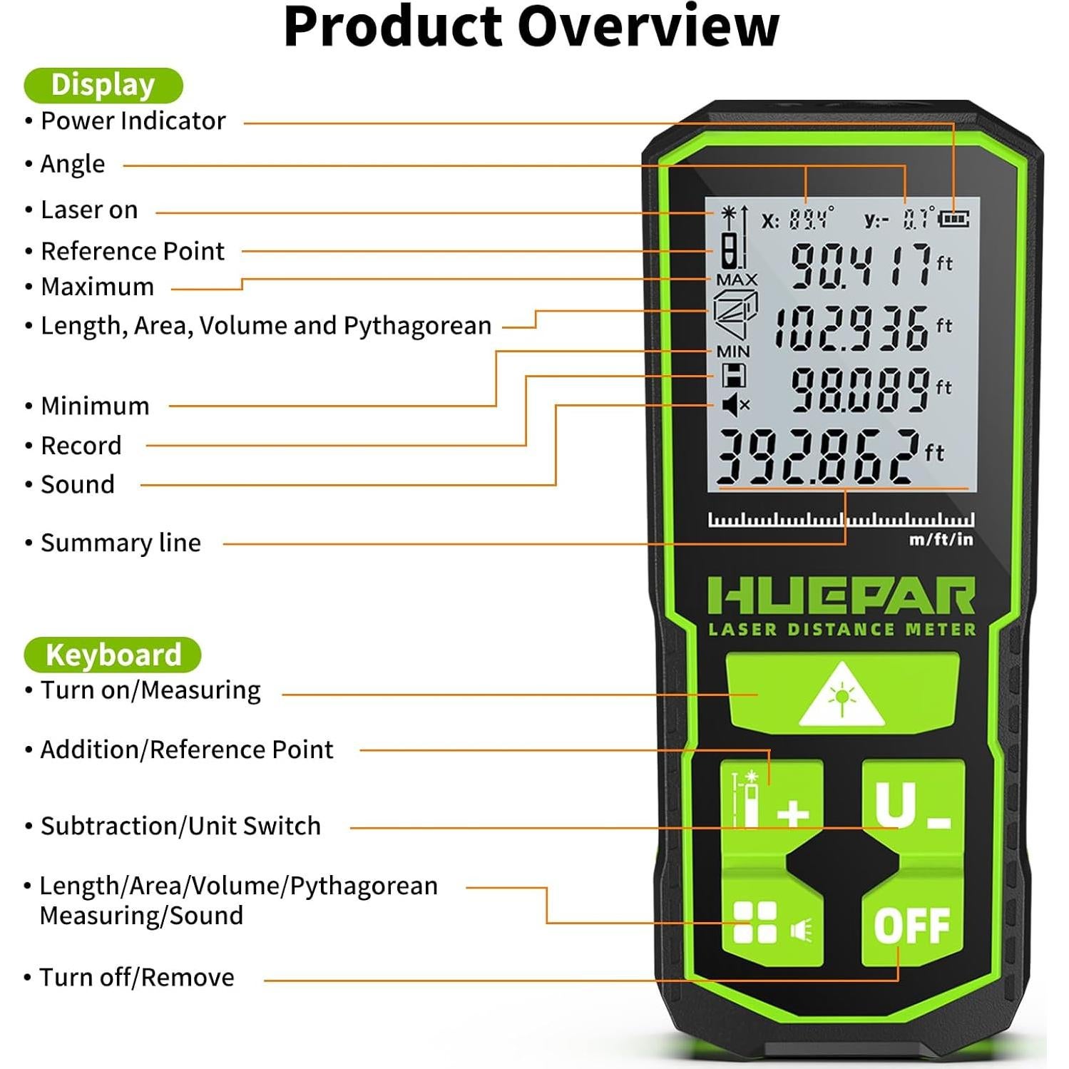 Medidor de Distancia Láser Huepar 393FT con Pantalla LCD