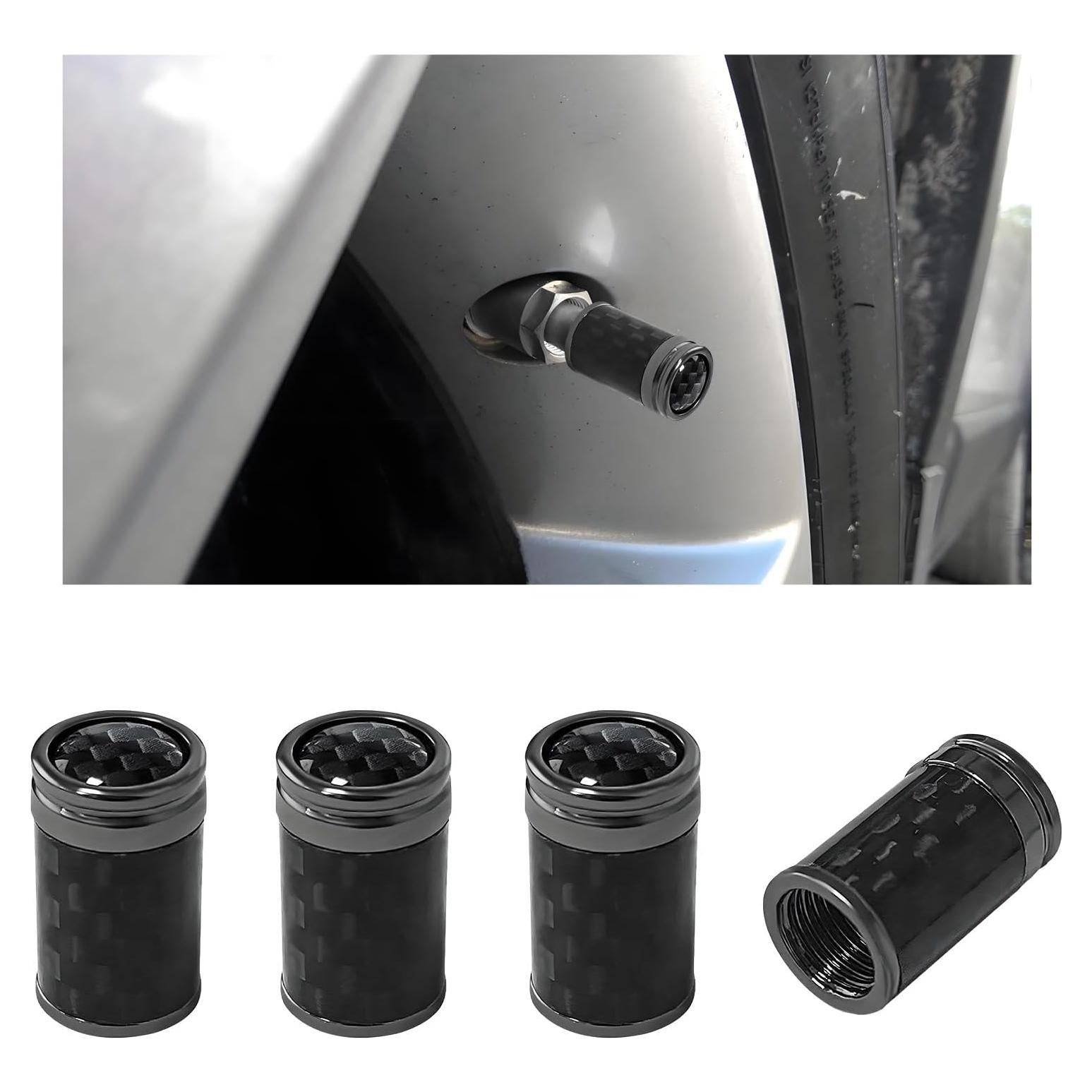 4 Tapones de Válvula de Neumático KVAEY - Fibra de Carbono Negro