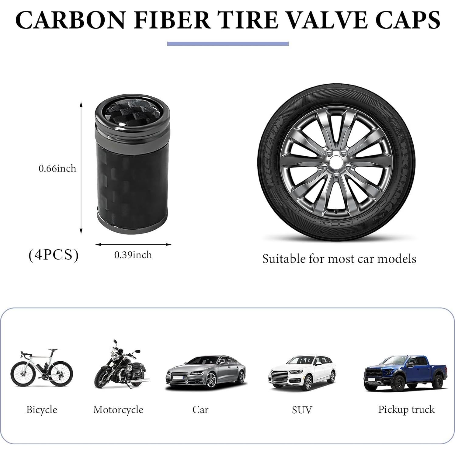 4 Tapones de Válvula de Neumático KVAEY - Fibra de Carbono Negro