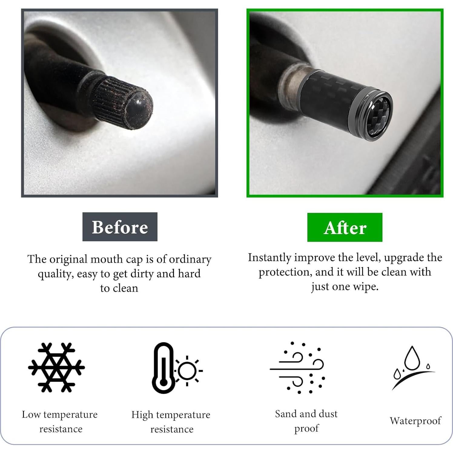 4 Tapones de Válvula de Neumático KVAEY - Fibra de Carbono Negro