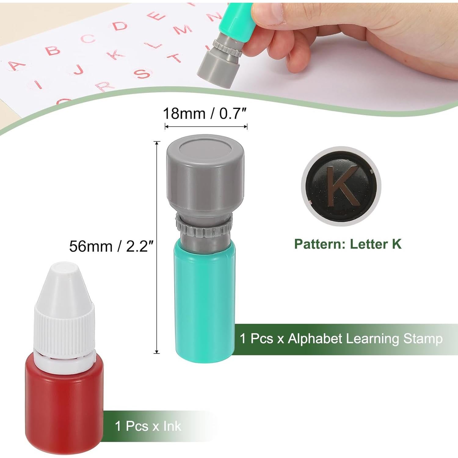 Sello de Letras PATIKIL Letra K con Tinta Roja y Carcasa Verde