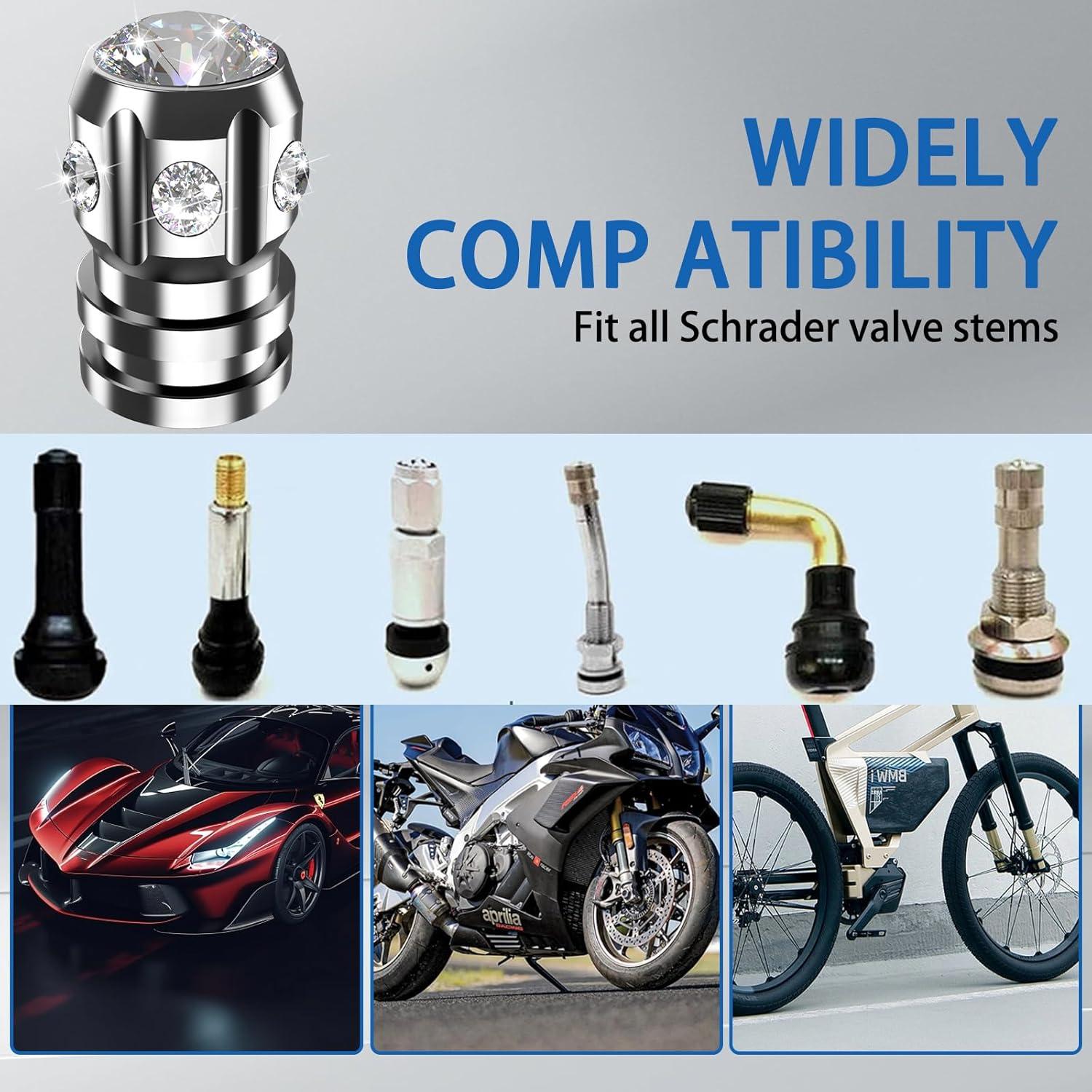 Tapas de Válvula de Neumático QUARKACE 4 Piezas Plata Rhinestones