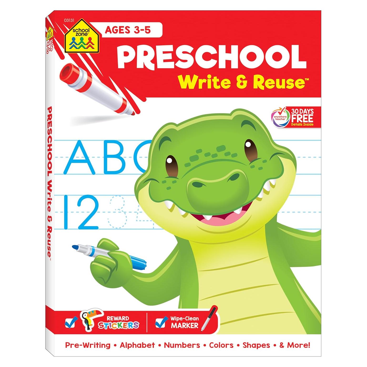 School Zone Preschool Write & Reuse Spiral Workbook: 52 Wipe-Clean Pages, Pre-K, Write-On Learning, Write and Wipe, Writing, Early Math, Numbers, ... Ages 3-5 (School Zone Write & Reuse Workbook)