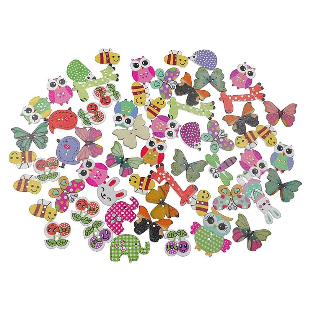 Botones de Madera Kinteshun 100pcs Animales Caricatura 2 Agujeros