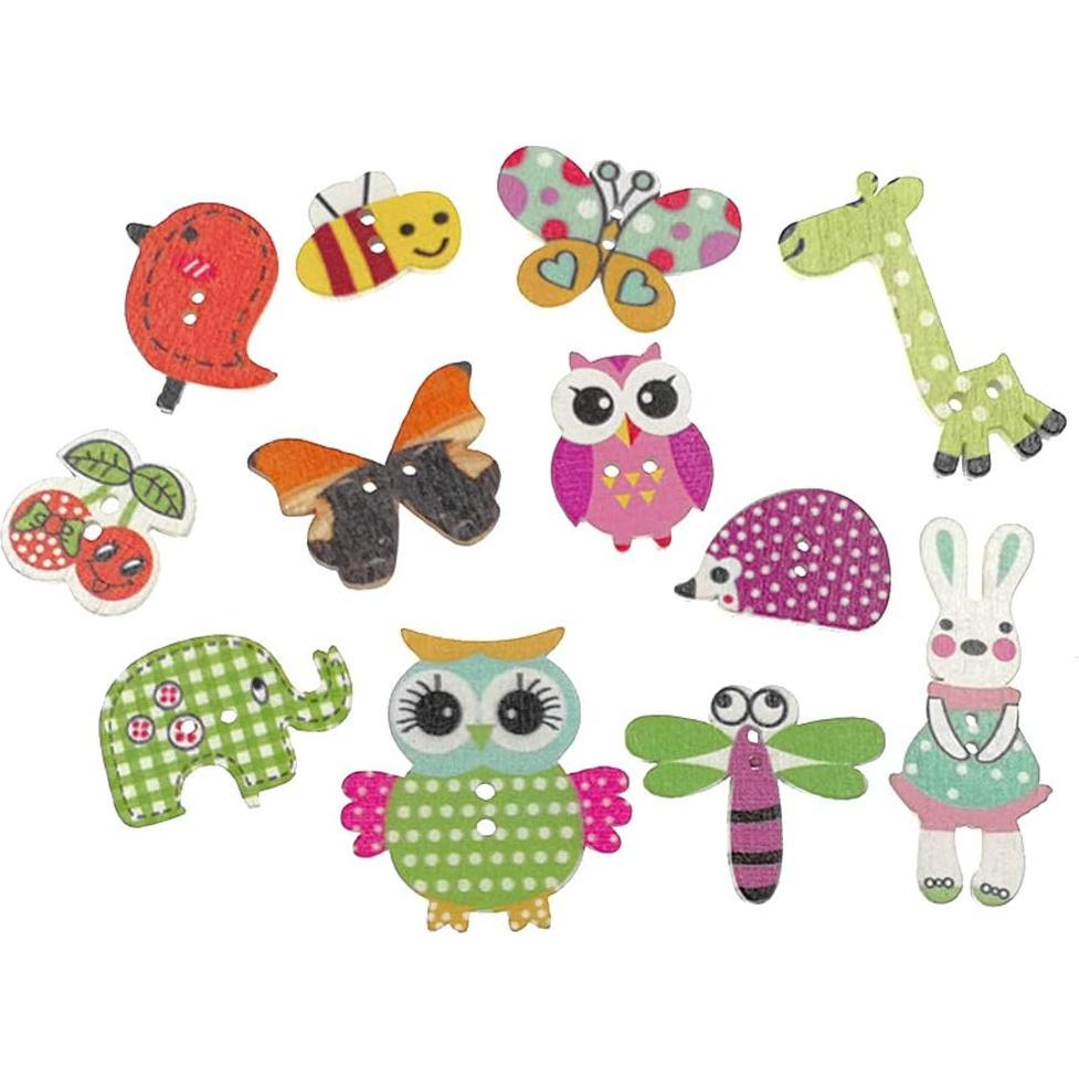 Botones de Madera Kinteshun 100pcs Animales Caricatura 2 Agujeros