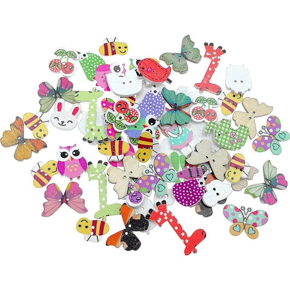Botones de Madera Kinteshun 100pcs Animales Caricatura 2 Agujeros