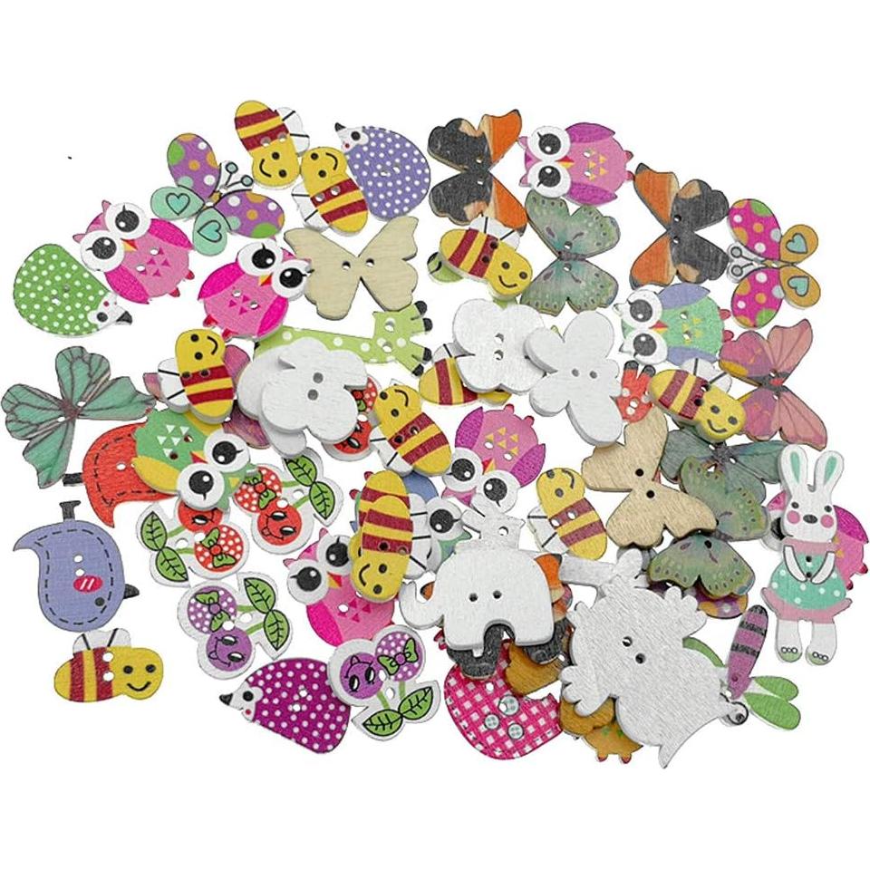 Botones de Madera Kinteshun 100pcs Animales Caricatura 2 Agujeros