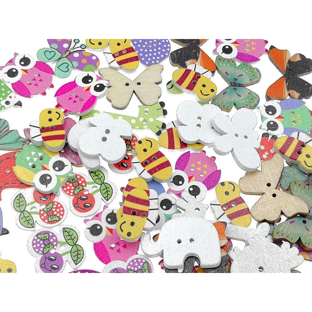 Botones de Madera Kinteshun 100pcs Animales Caricatura 2 Agujeros