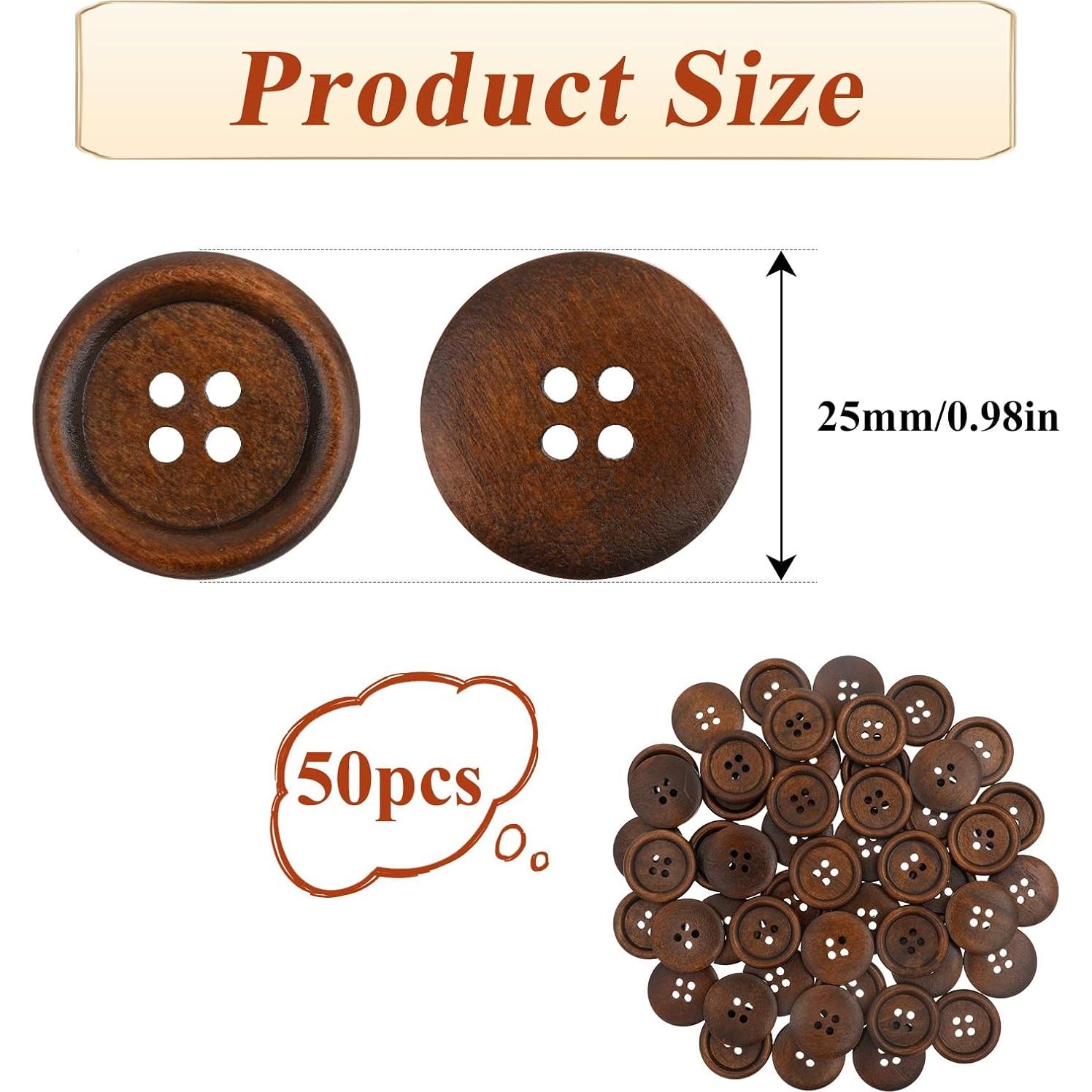 50 Botones de Madera Trinkrittey 2.54 cm 4 Agujeros Ecológicos