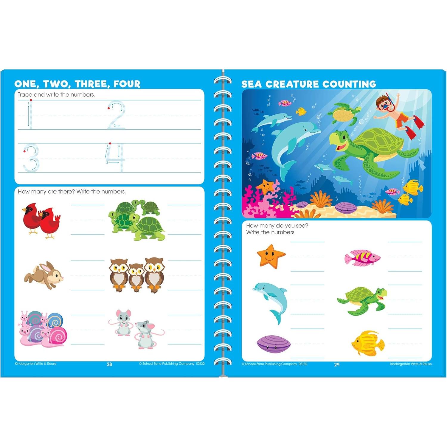 School Zone Kindergarten Write & Reuse Workbook: 52 Wipe-Clean Pages, Spiral Bound, Write-On Learning, Write & Wipe, Early Math, Includes Dry Erase Marker (School Zone Write & Reuse Workbook)