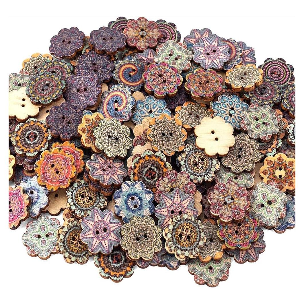 100 Pcs Wood Buttons - Heart, Flower Shaped Vintage Wood Buttons with 2 Holes for DIY Sewing Craft & Decor