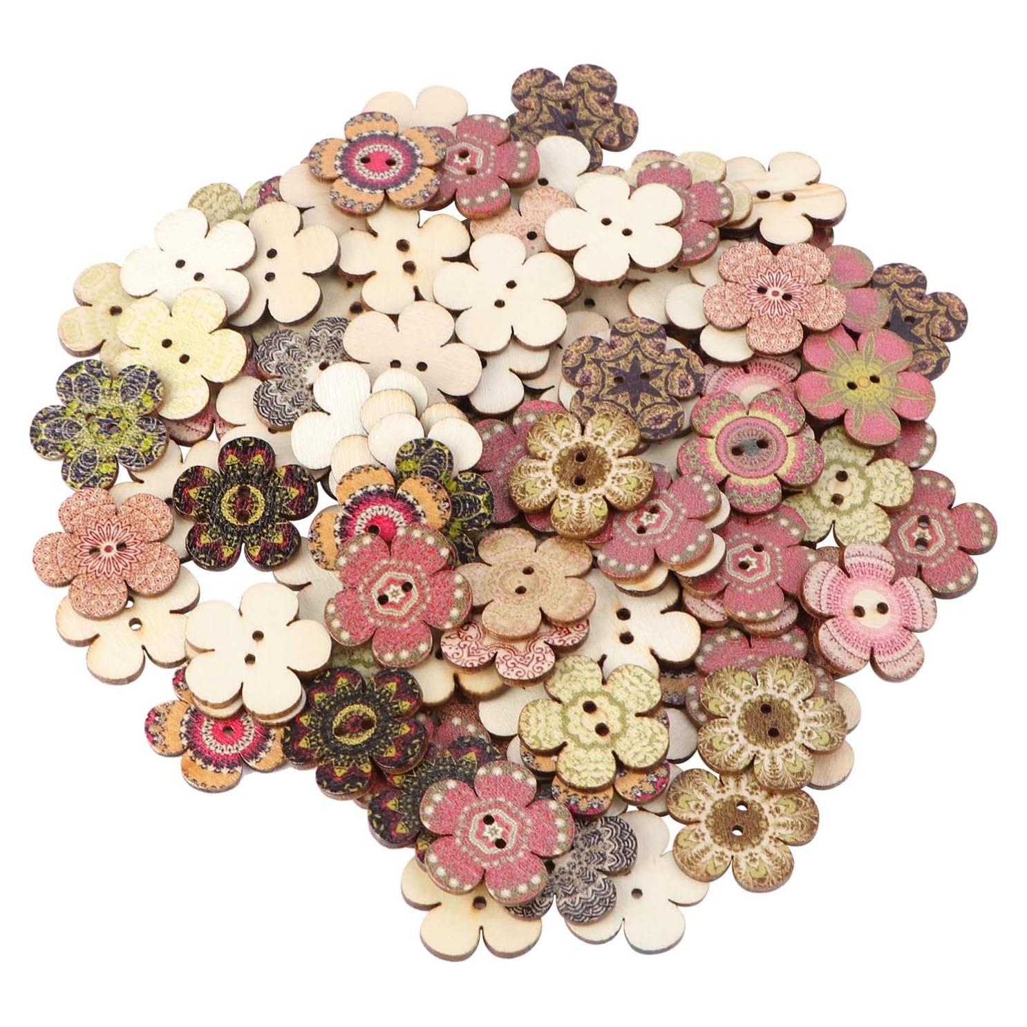 Botones de Madera en Forma de Flor POPETPOP - 100 Pcs 2 Agujeros