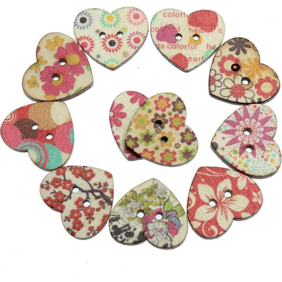 Botones de Madera Corazón AKOAK 50 Unidades 25mm Flores Mixtas