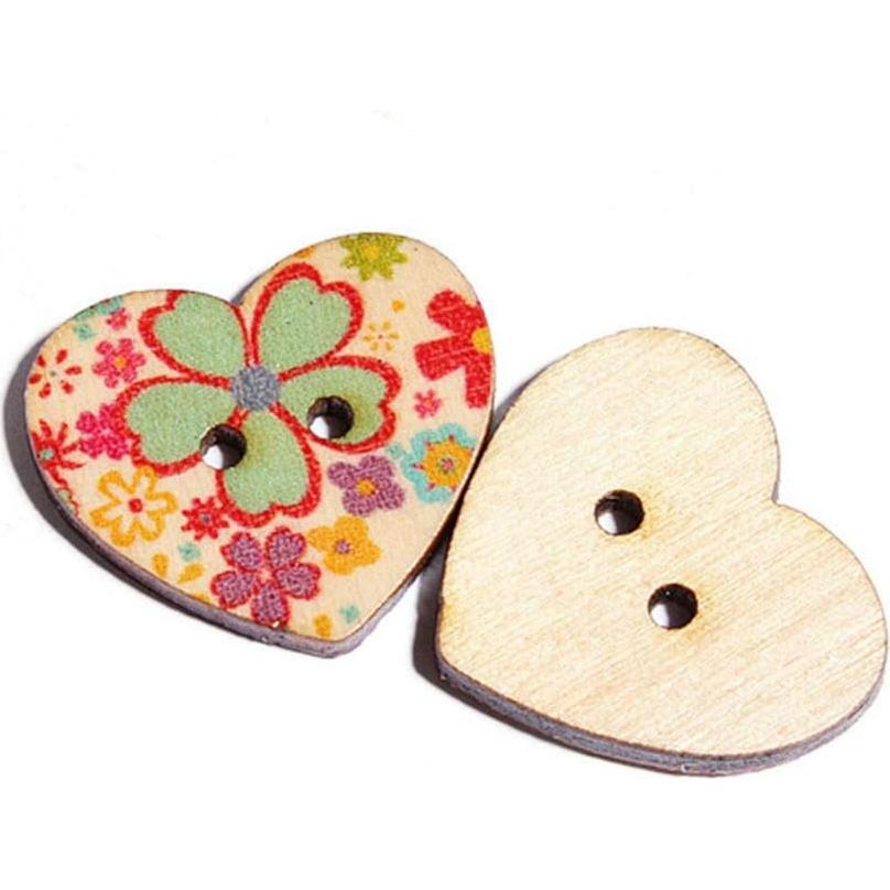 Botones de Madera Corazón AKOAK 50 Unidades 25mm Flores Mixtas