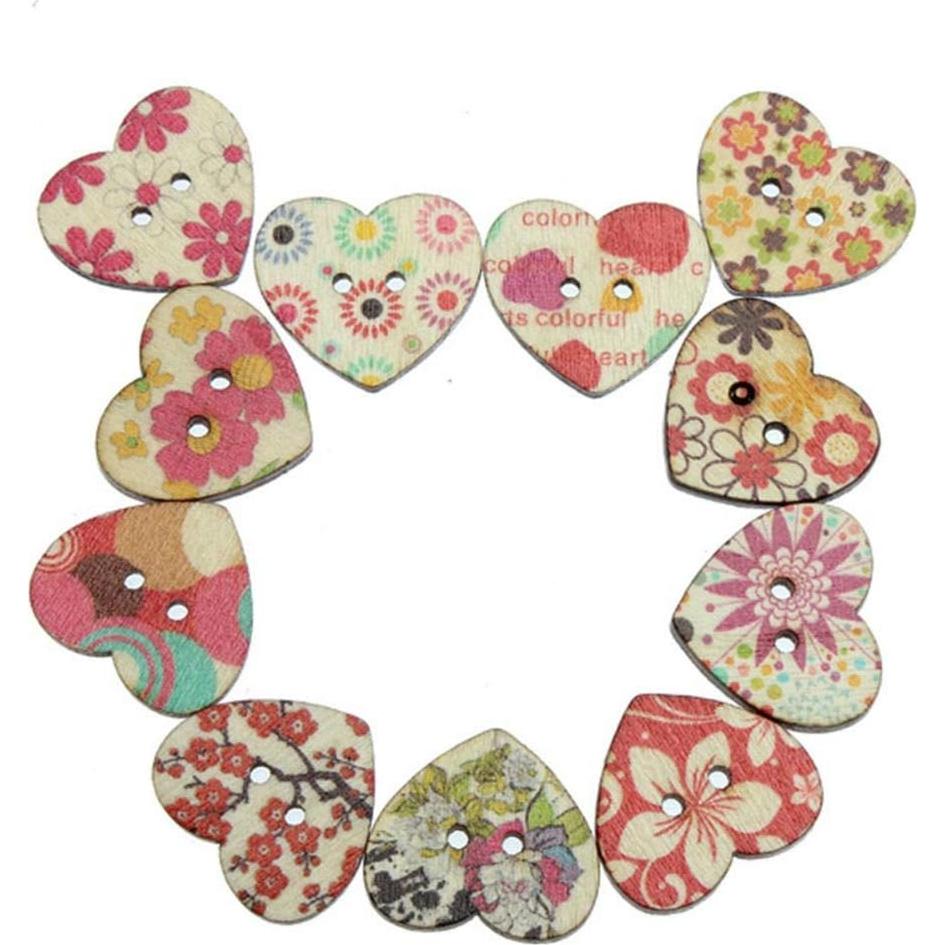 Botones de Madera Corazón AKOAK 50 Unidades 25mm Flores Mixtas