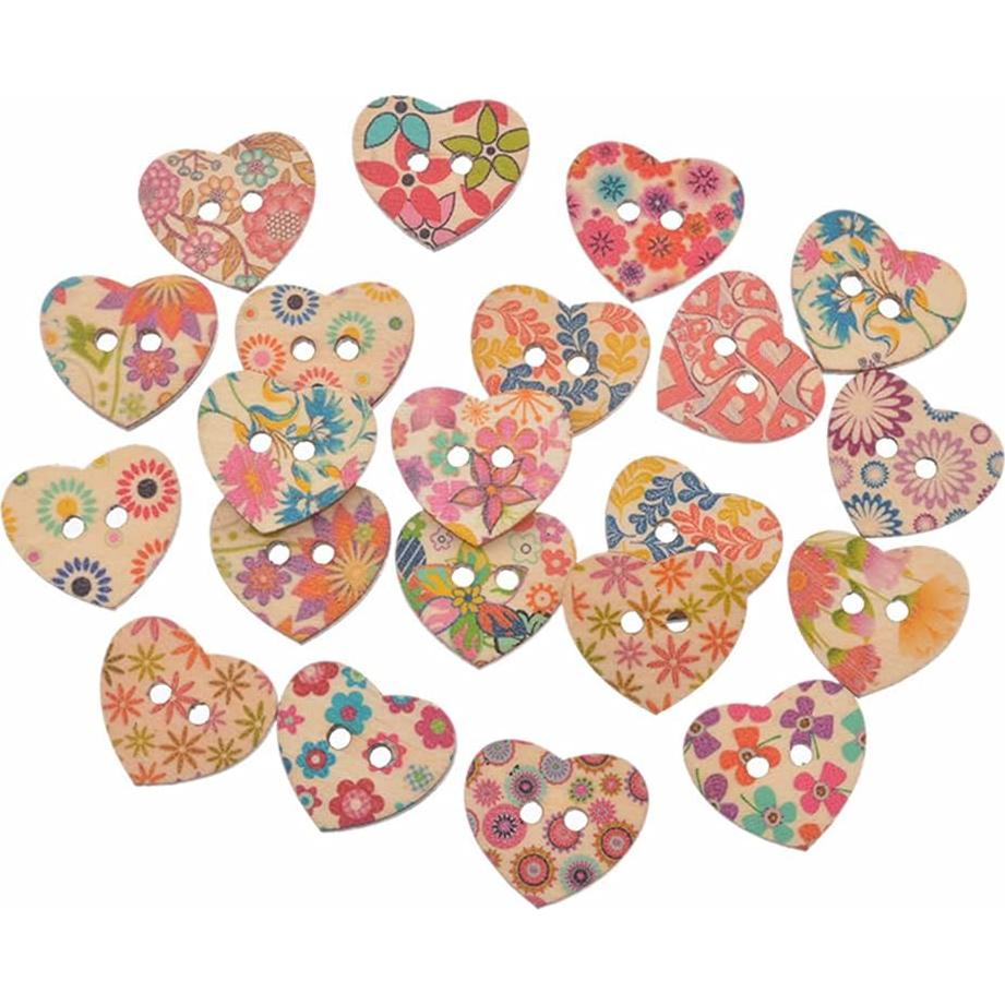 Botones de Madera Corazón AKOAK 50 Unidades 25mm Flores Mixtas