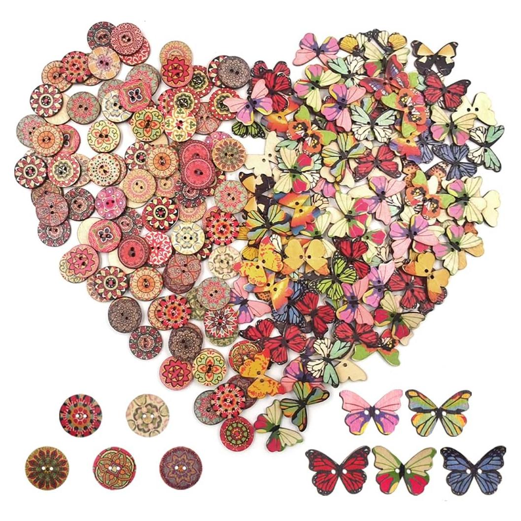 200 Botones de Madera lyfLux Redondos y Mariposa 2 Agujeros