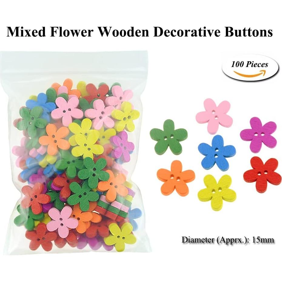 Botones de Flor de Madera AKOAK 15mm 100 Pcs Color Mezclado