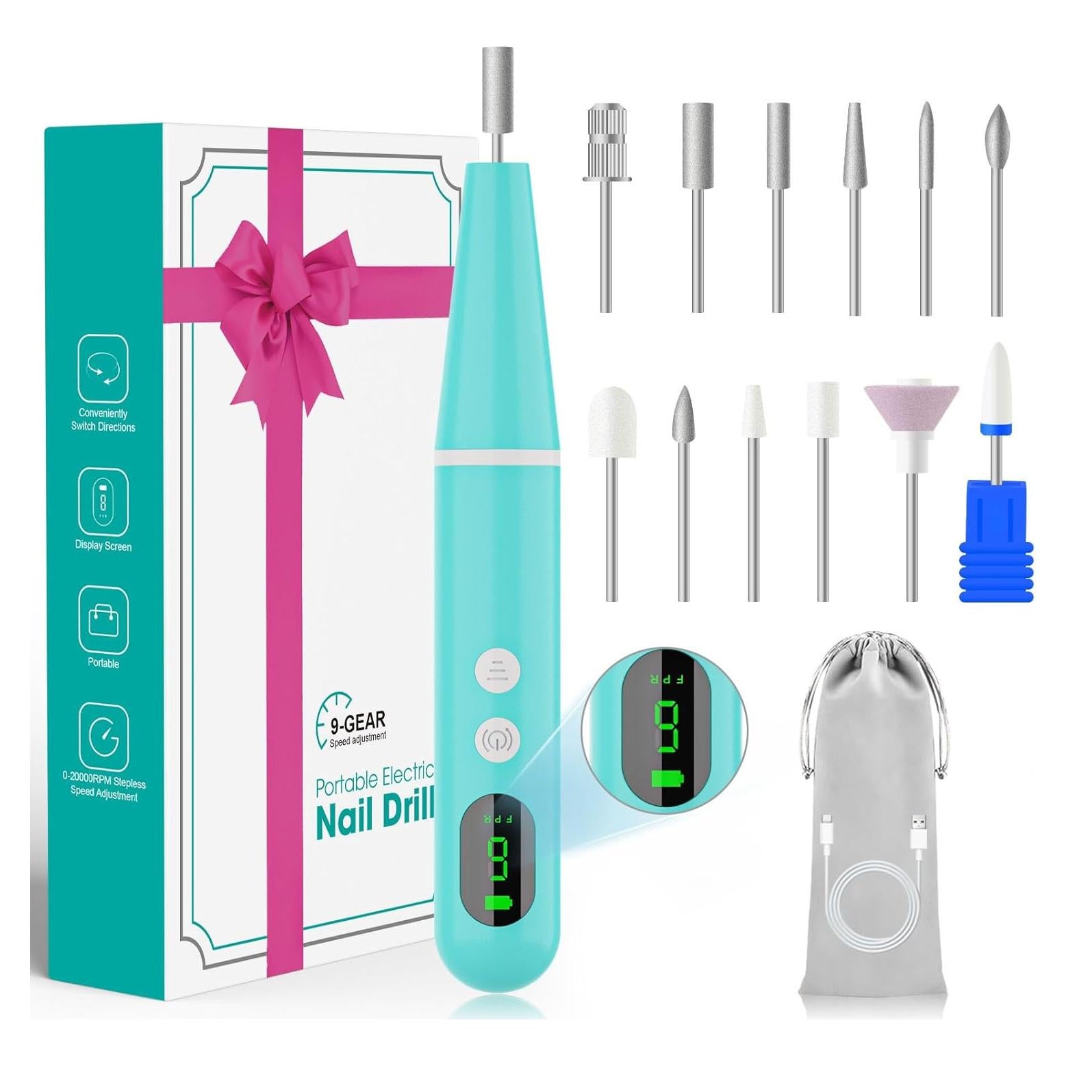 Taladro de Uñas Inalámbrico MEOUNEQU 12PCS, 9 Velocidades