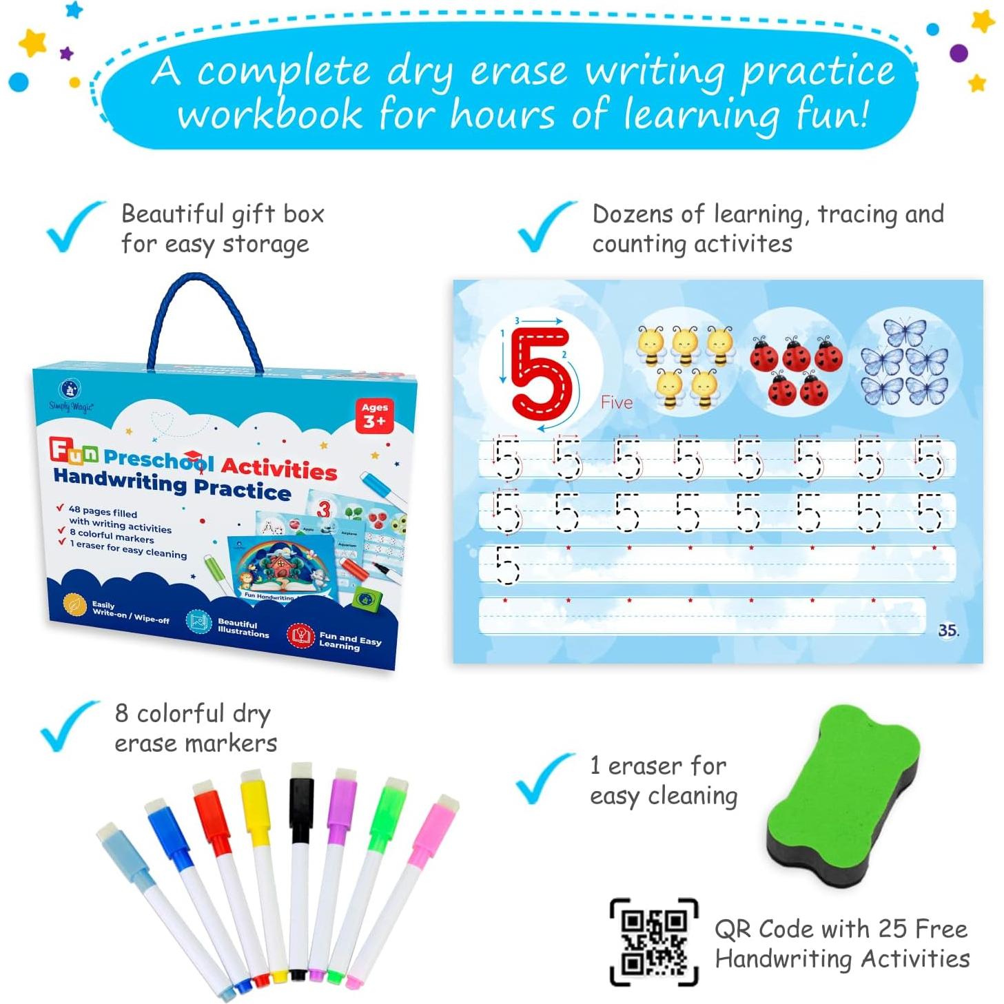 Libro de Escritura Borrable Simple Magia 48 Páginas 3-5 Años