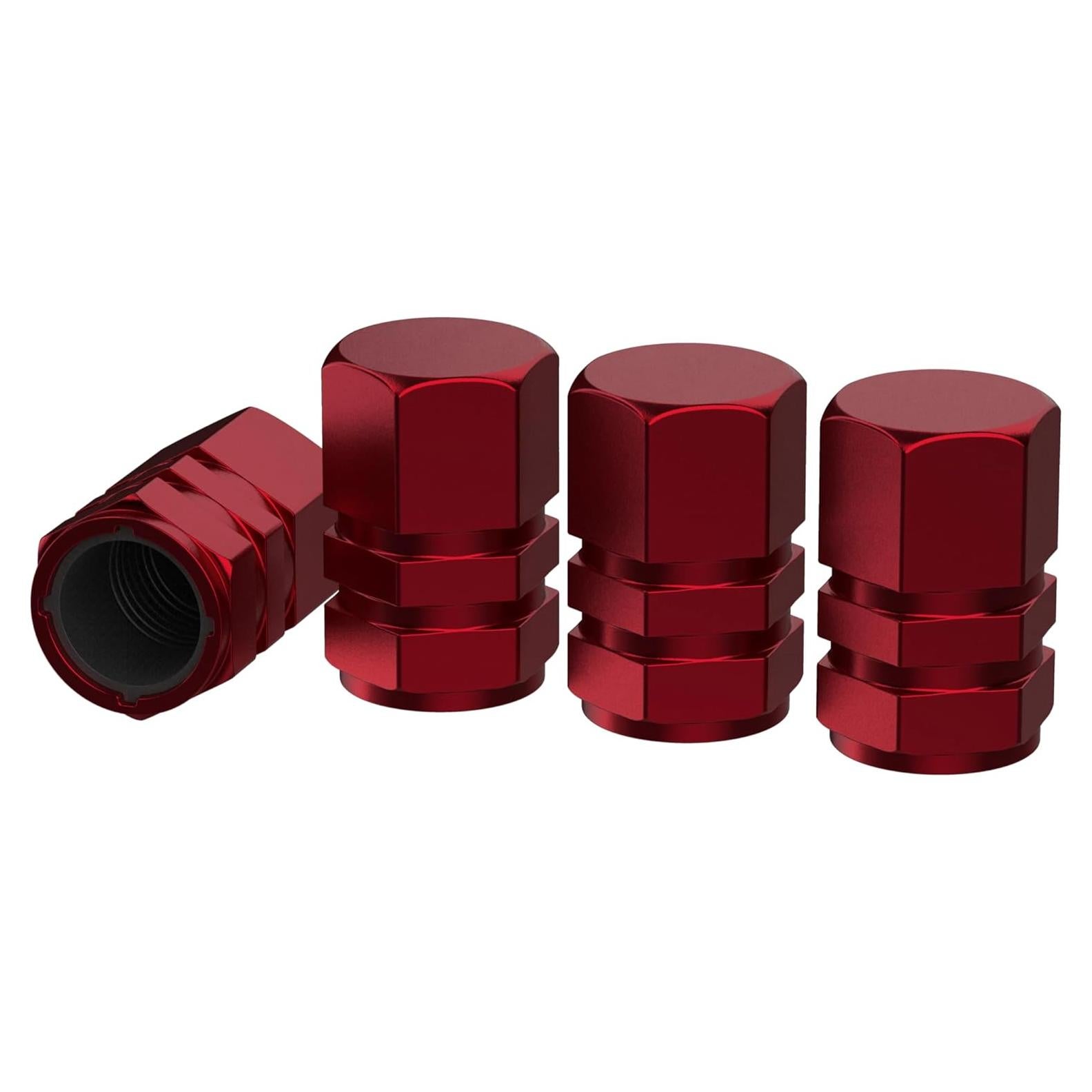 Tire Valve Stem Caps - 4 Pack - Anodized Aluminum - Corrosion Resistant - Cars Trucks Motorcycles SUVs and Bikes - Universal Hexagon Designed stem caps by Vexzu (Red)