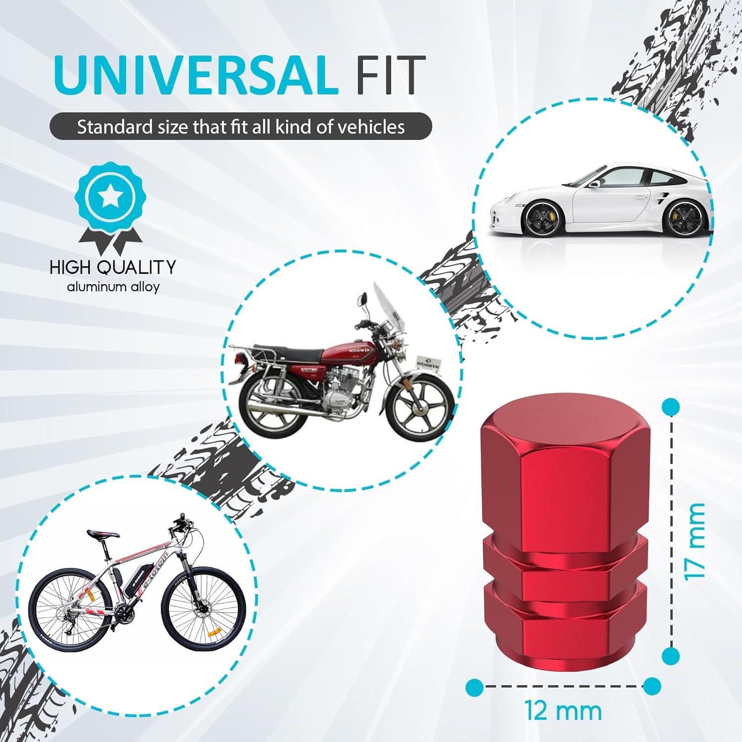 Tire Valve Stem Caps - 4 Pack - Anodized Aluminum - Corrosion Resistant - Cars Trucks Motorcycles SUVs and Bikes - Universal Hexagon Designed stem caps by Vexzu (Red)