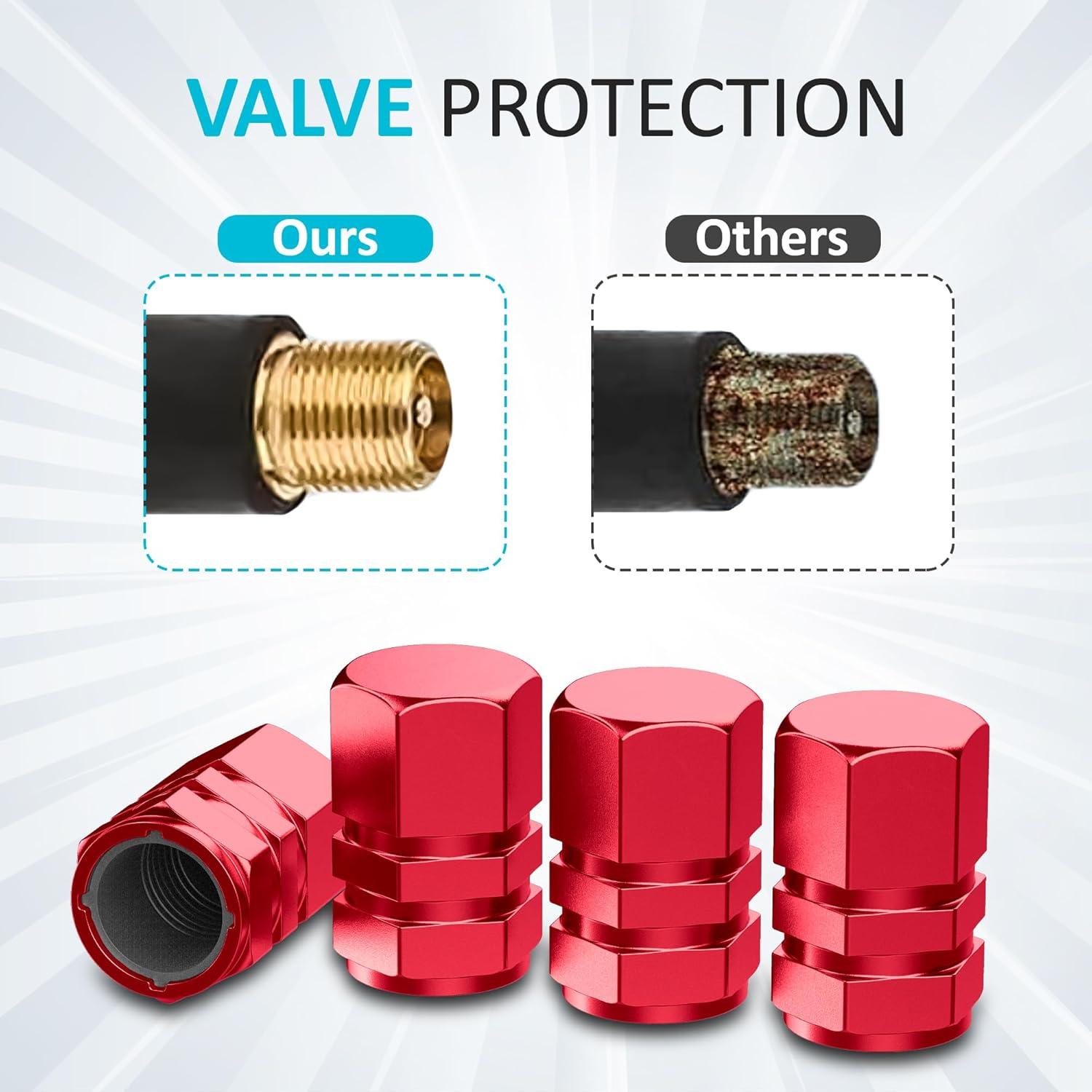 Tire Valve Stem Caps - 4 Pack - Anodized Aluminum - Corrosion Resistant - Cars Trucks Motorcycles SUVs and Bikes - Universal Hexagon Designed stem caps by Vexzu (Red)