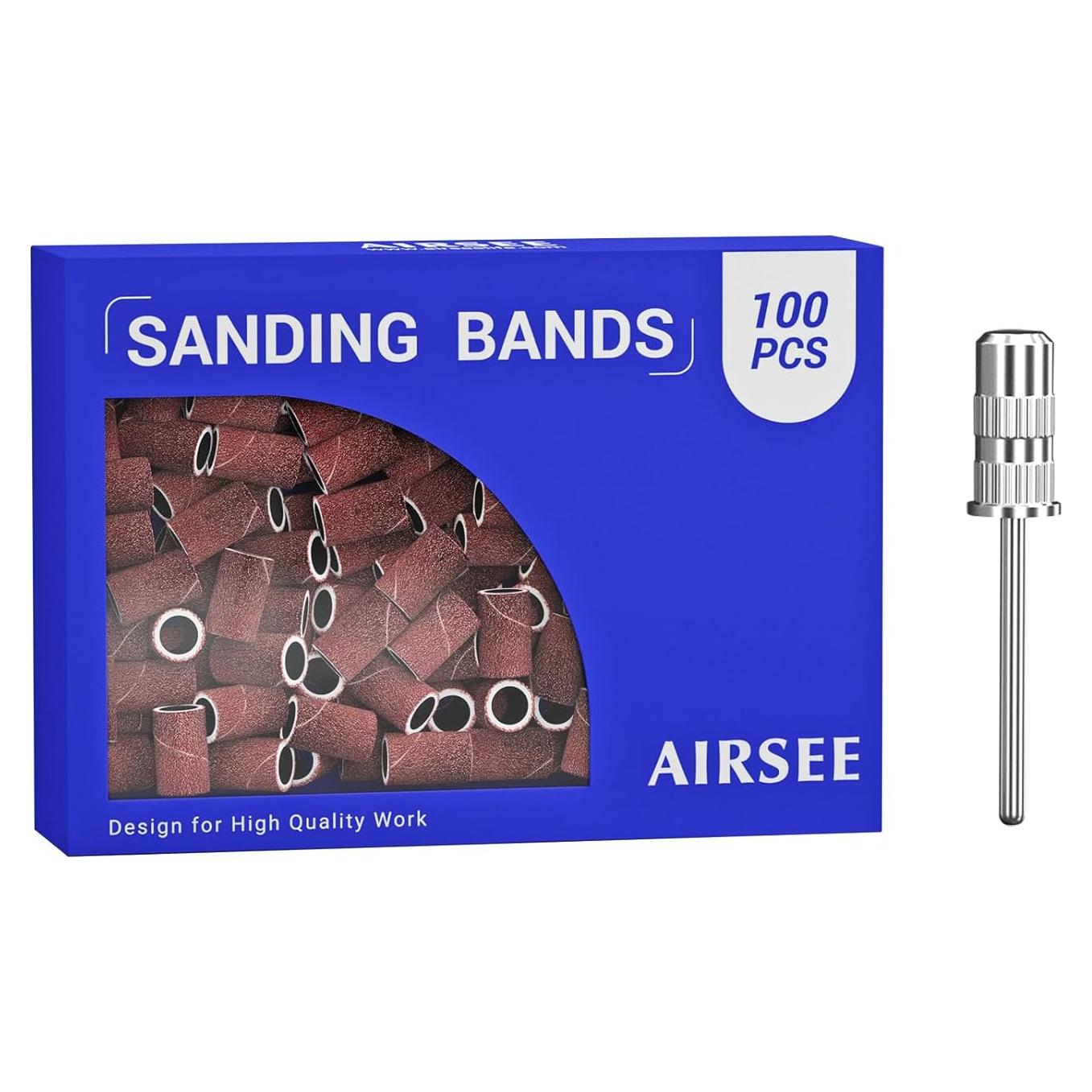 AIRSEE Sanding Bands for Electric Nail Drill 100 Piece Set 180 Grit Medium Acrylic File Attachments Professional Sander 1 Mandrel Bit Beauty Salon Accessories Manicure and Pedicure Finger Callus Brown