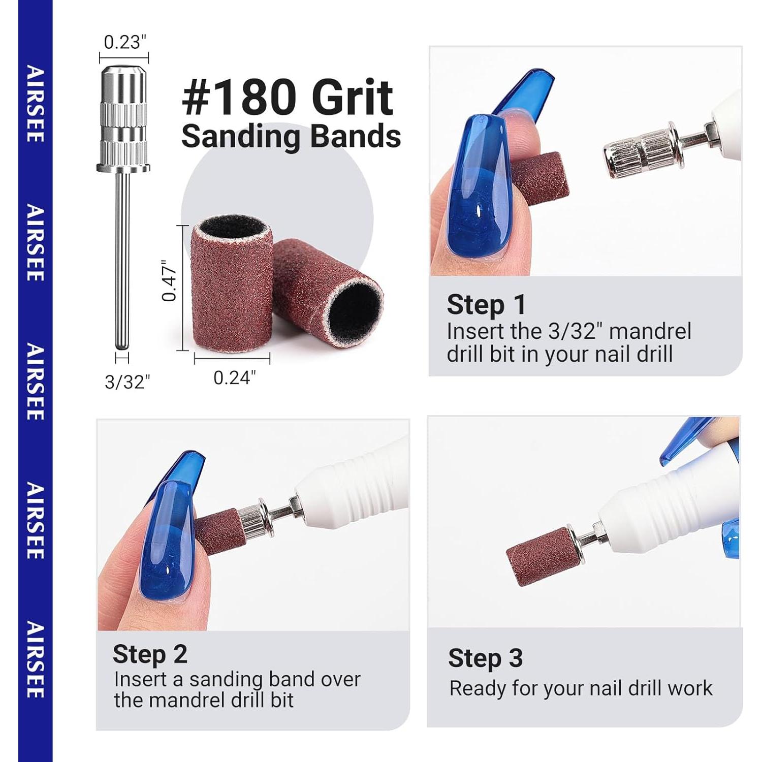 AIRSEE Sanding Bands for Electric Nail Drill 100 Piece Set 180 Grit Medium Acrylic File Attachments Professional Sander 1 Mandrel Bit Beauty Salon Accessories Manicure and Pedicure Finger Callus Brown