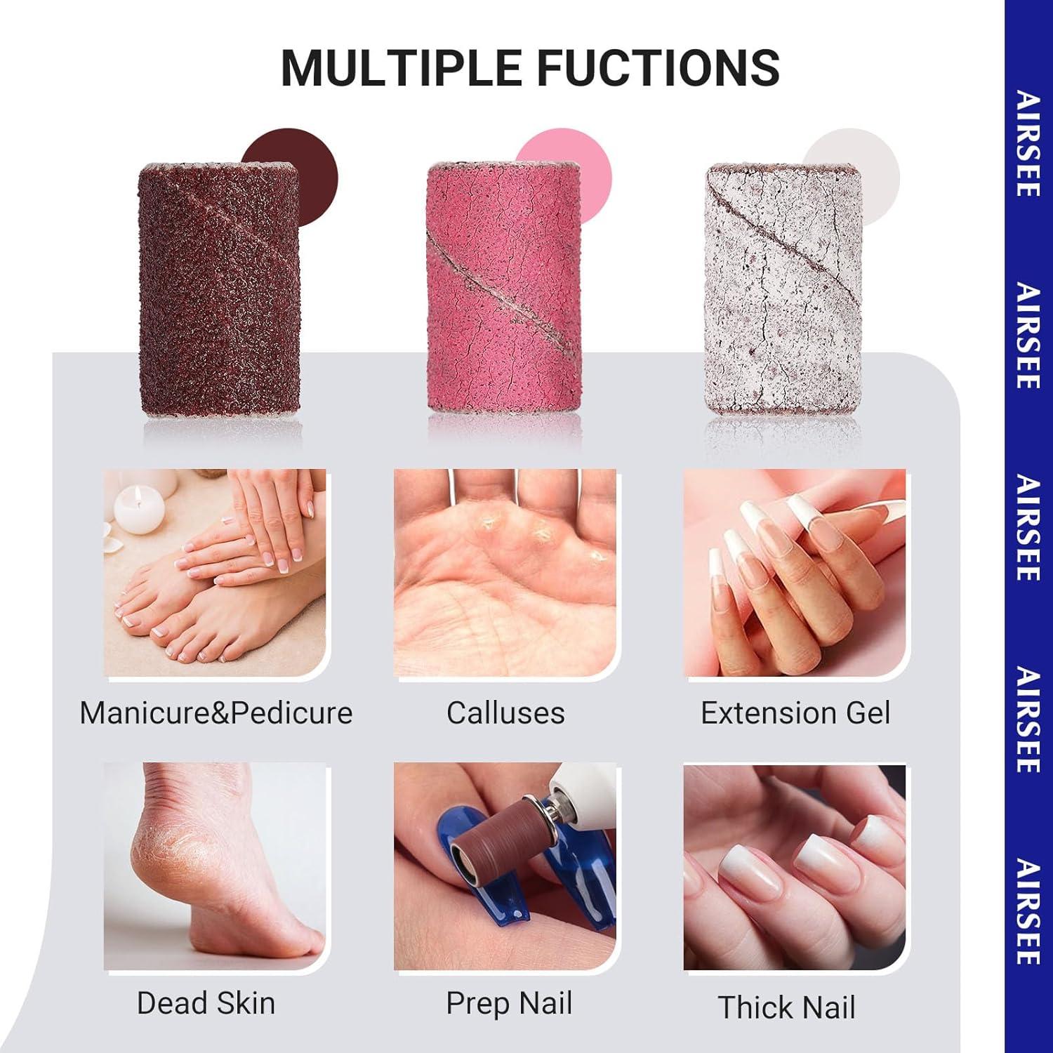 AIRSEE Sanding Bands for Electric Nail Drill 100 Piece Set 180 Grit Medium Acrylic File Attachments Professional Sander 1 Mandrel Bit Beauty Salon Accessories Manicure and Pedicure Finger Callus Brown