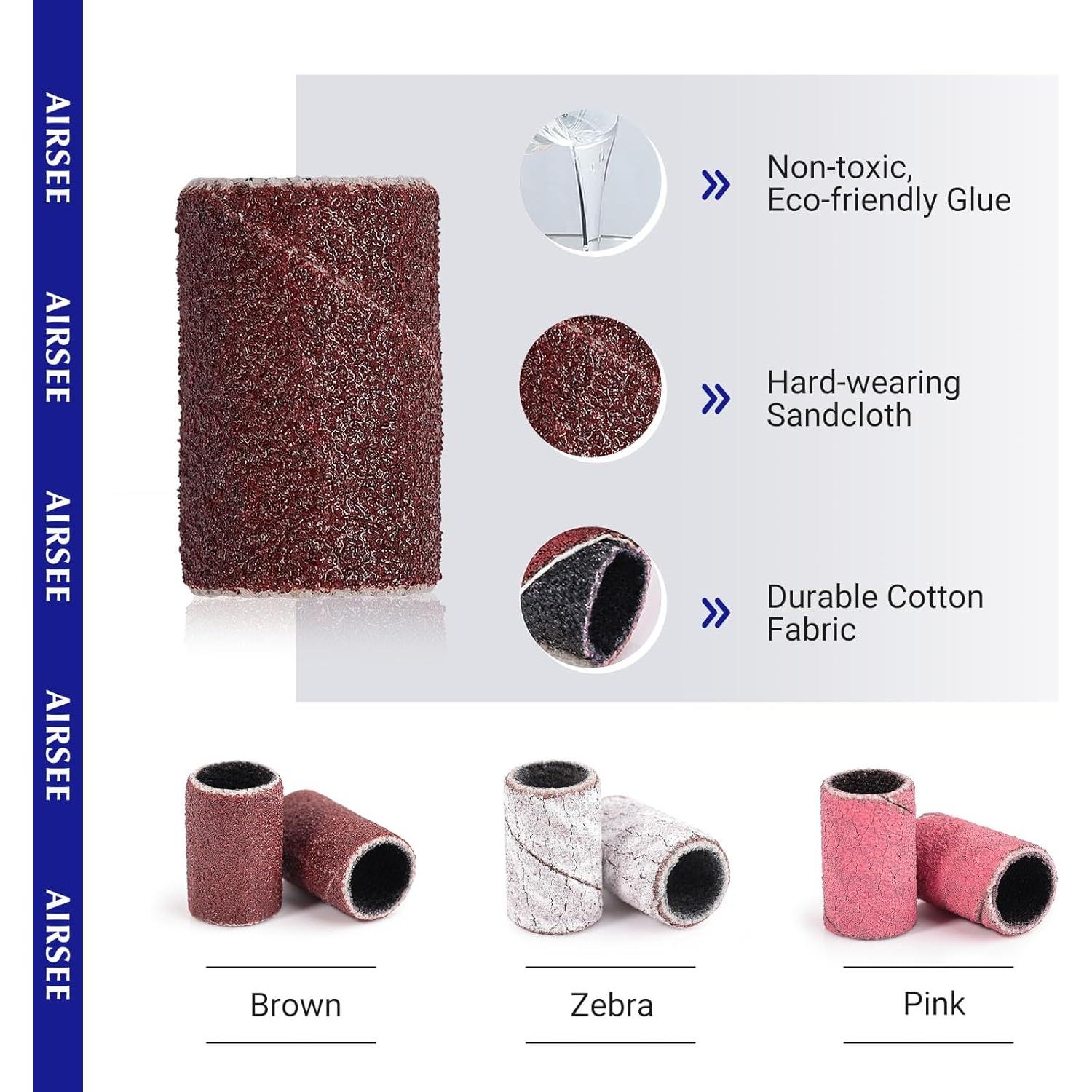 AIRSEE Sanding Bands for Electric Nail Drill 100 Piece Set 180 Grit Medium Acrylic File Attachments Professional Sander 1 Mandrel Bit Beauty Salon Accessories Manicure and Pedicure Finger Callus Brown