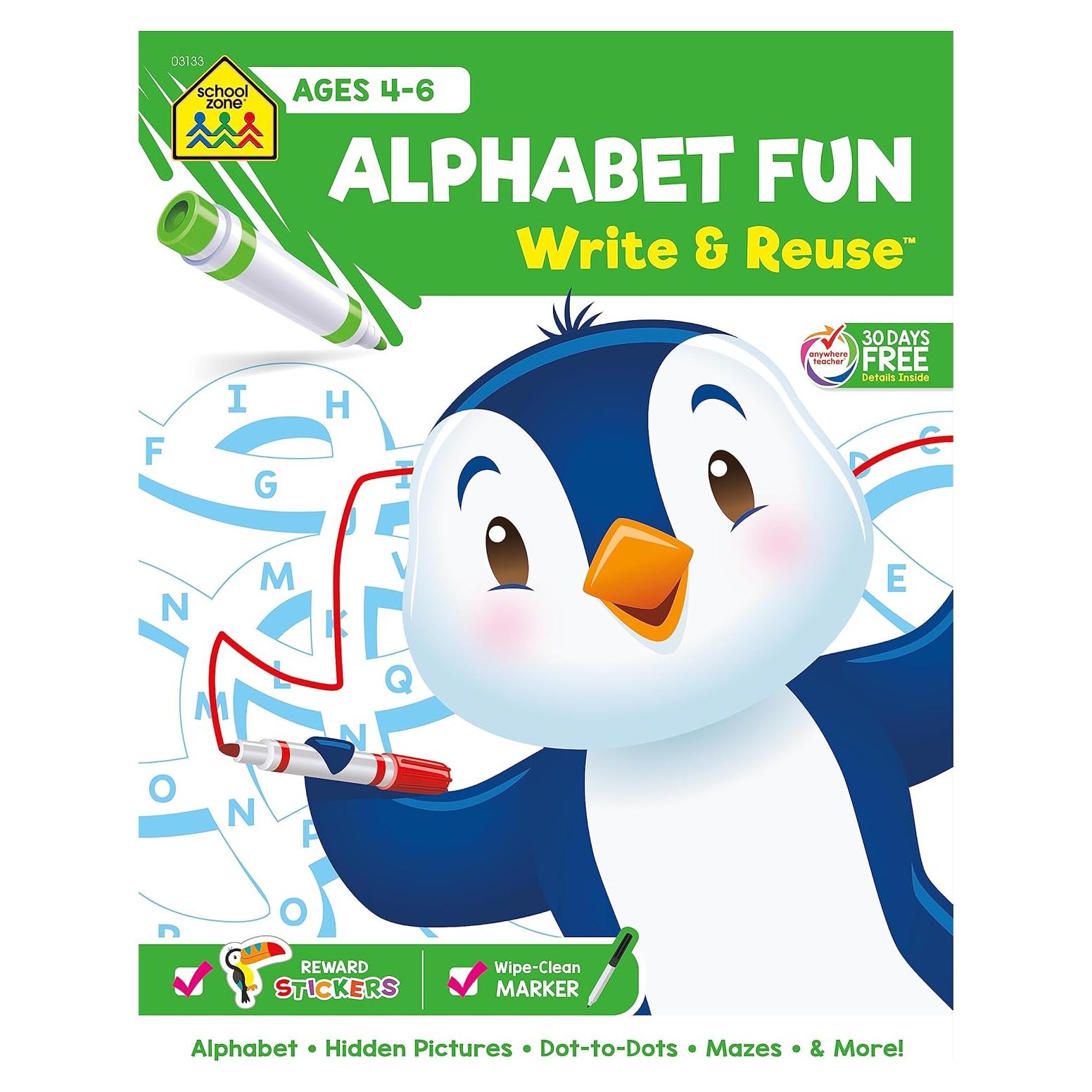 School Zone Alphabet Fun Write & Reuse Spiral Workbook: 52 Wipe-Clean Pages, Pre-K, Preschool, Kindergarten, Write-On Learning, Write and Wipe, ABC's, ... Ages 4-6 (School Zone Write & Reuse Workbook)