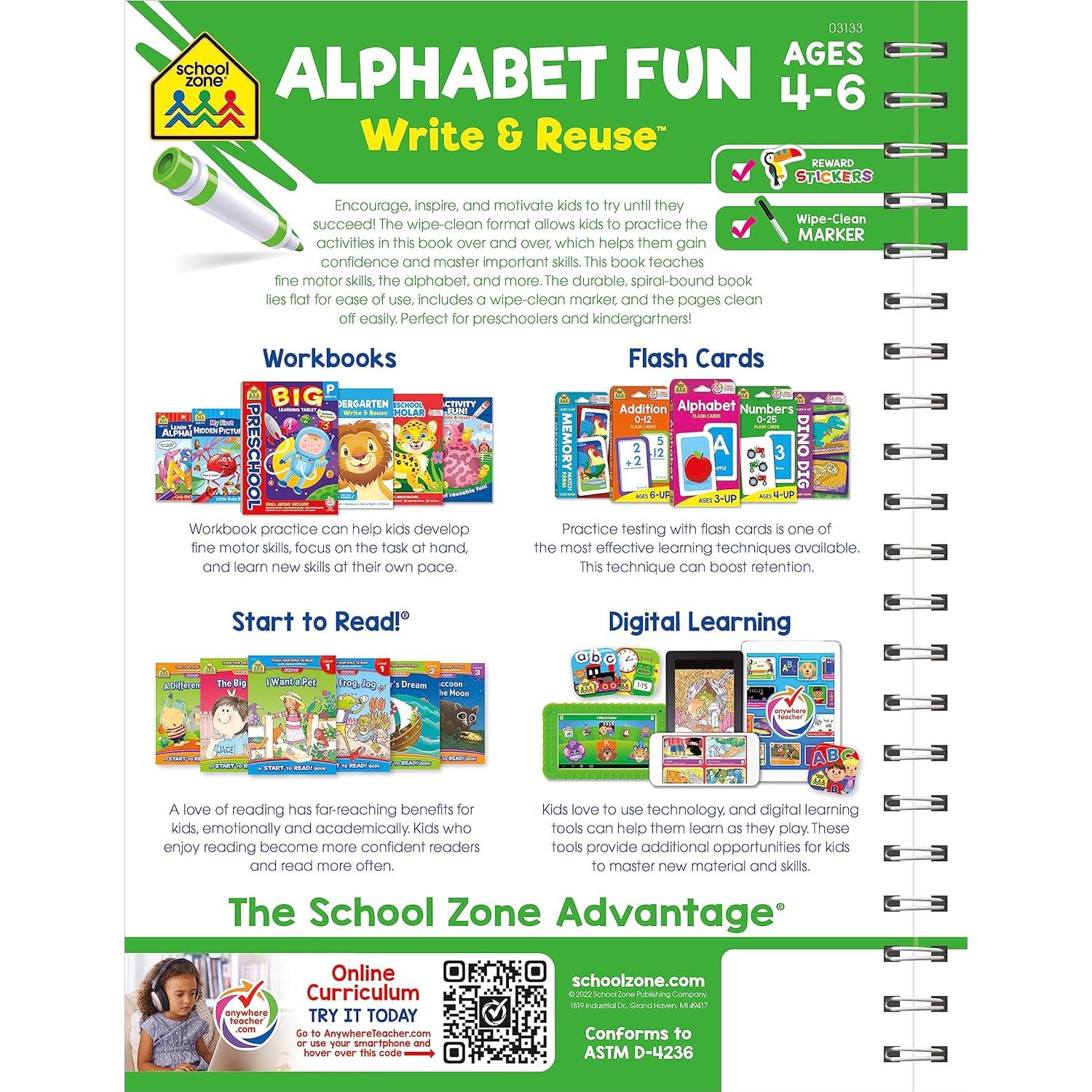 School Zone Alphabet Fun Write & Reuse Spiral Workbook: 52 Wipe-Clean Pages, Pre-K, Preschool, Kindergarten, Write-On Learning, Write and Wipe, ABC's, ... Ages 4-6 (School Zone Write & Reuse Workbook)