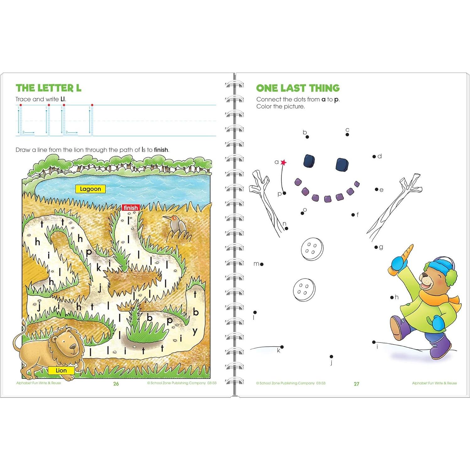 School Zone Alphabet Fun Write & Reuse Spiral Workbook: 52 Wipe-Clean Pages, Pre-K, Preschool, Kindergarten, Write-On Learning, Write and Wipe, ABC's, ... Ages 4-6 (School Zone Write & Reuse Workbook)