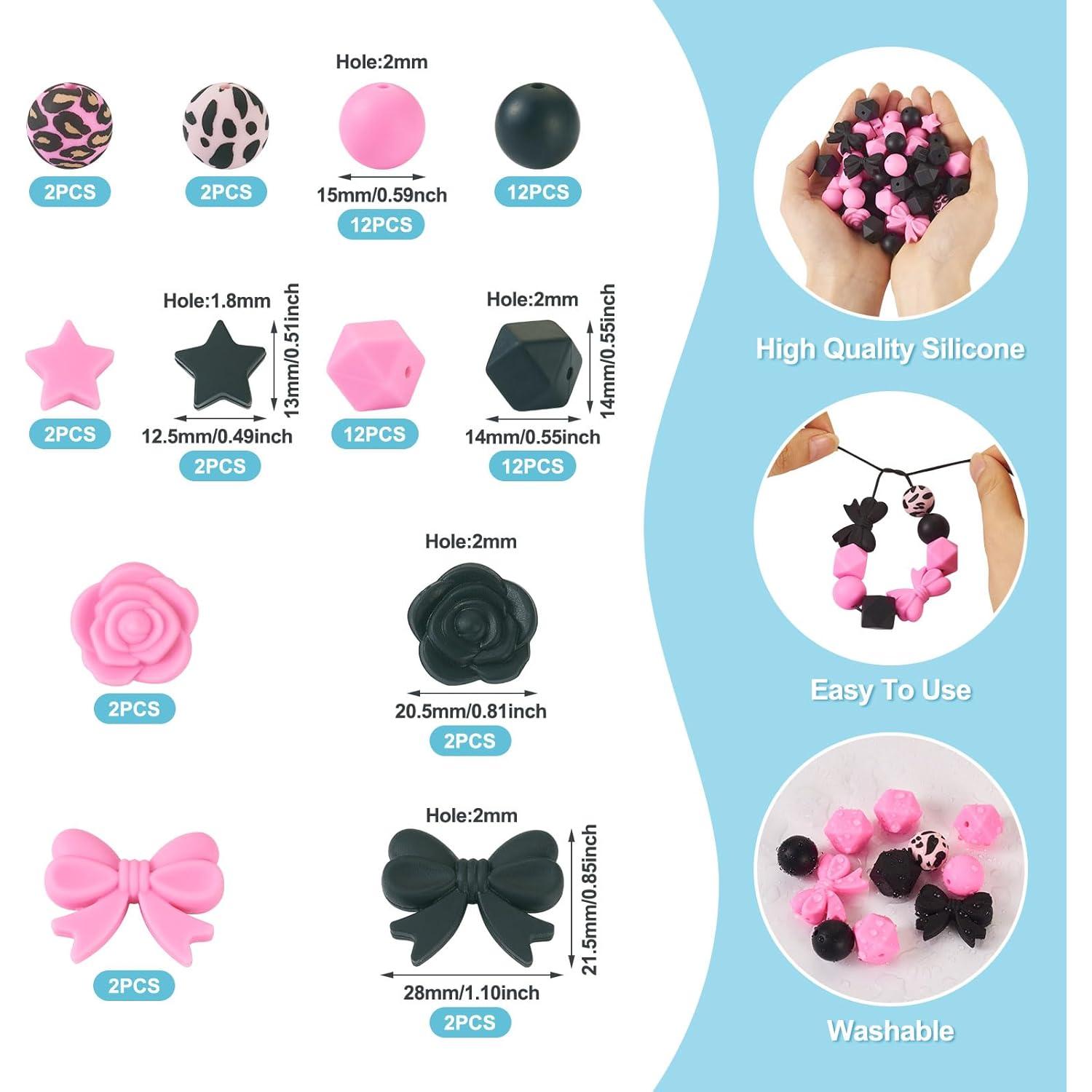 64 Perlas de Silicona Rosa y Negra Spritewelry para Joyería DIY