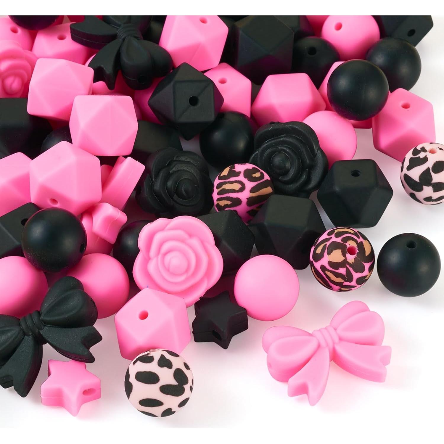64 Perlas de Silicona Rosa y Negra Spritewelry para Joyería DIY