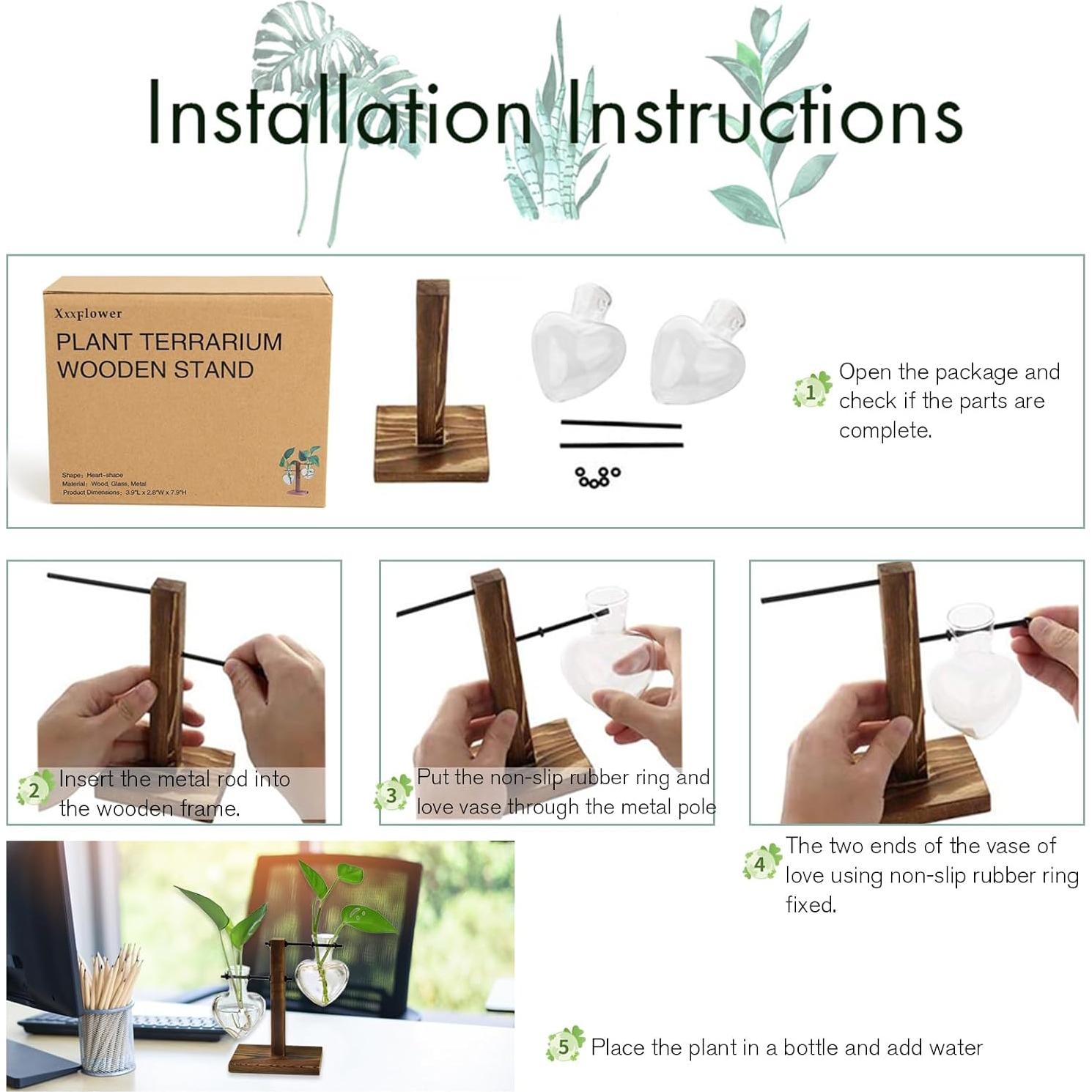 Soporte de Madera para Terrario XXXFLOWER con 2 Jarrones Corazón
