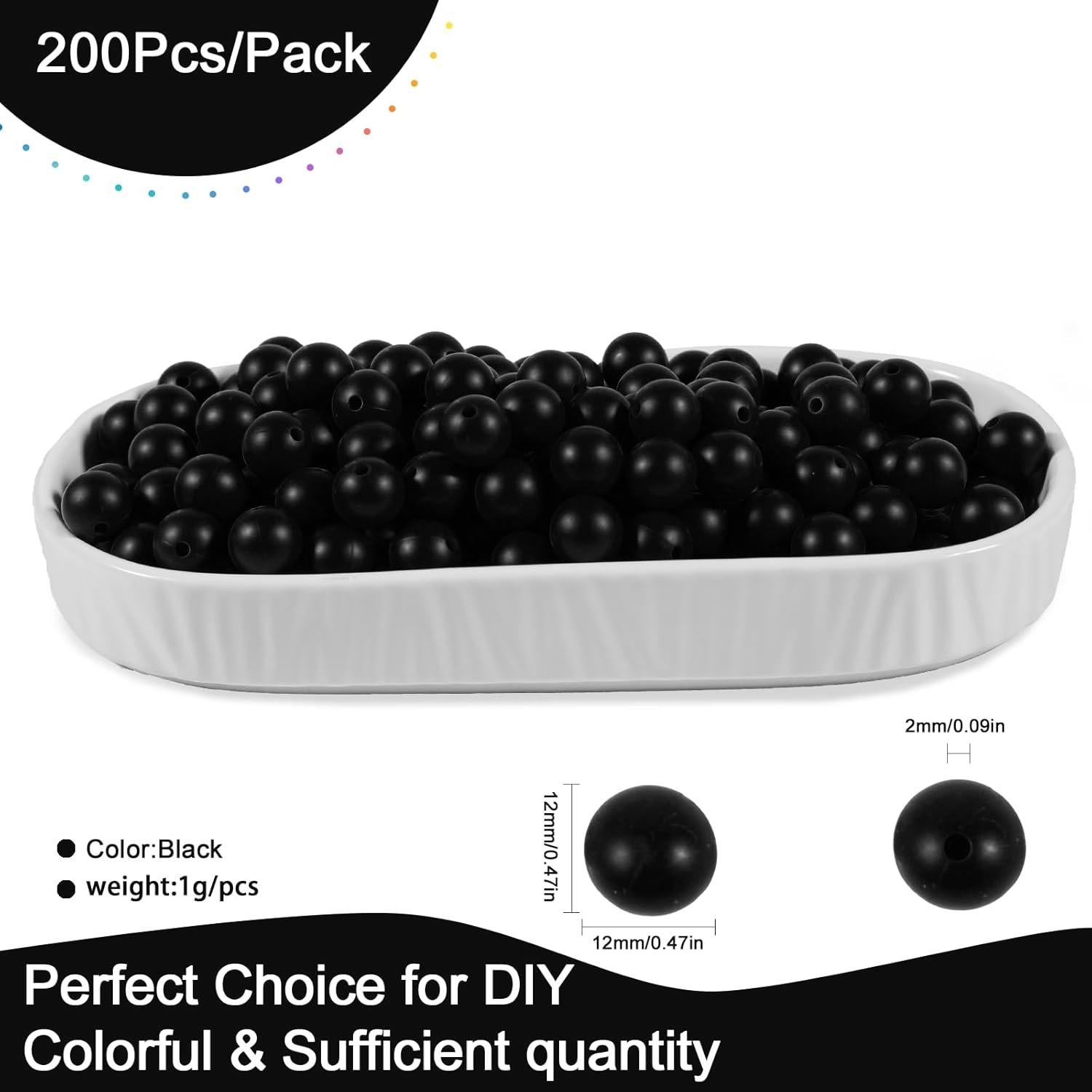 200 Perlas de Silicona Redondas 12mm Aoughthee Color Negro