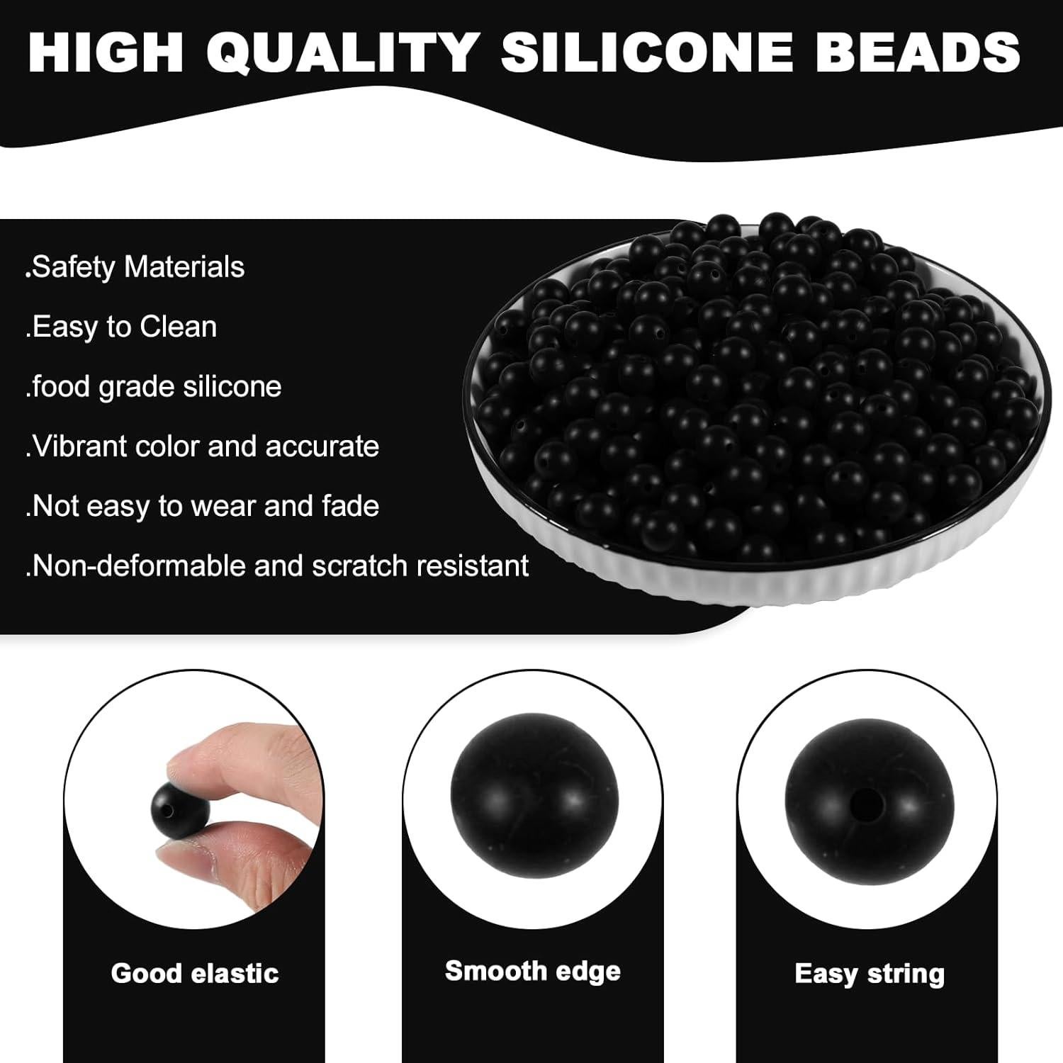 200 Perlas de Silicona Redondas 12mm Aoughthee Color Negro