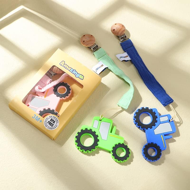 Mordedor de Silicona Alimentaria Tractor AmazingM - Azul